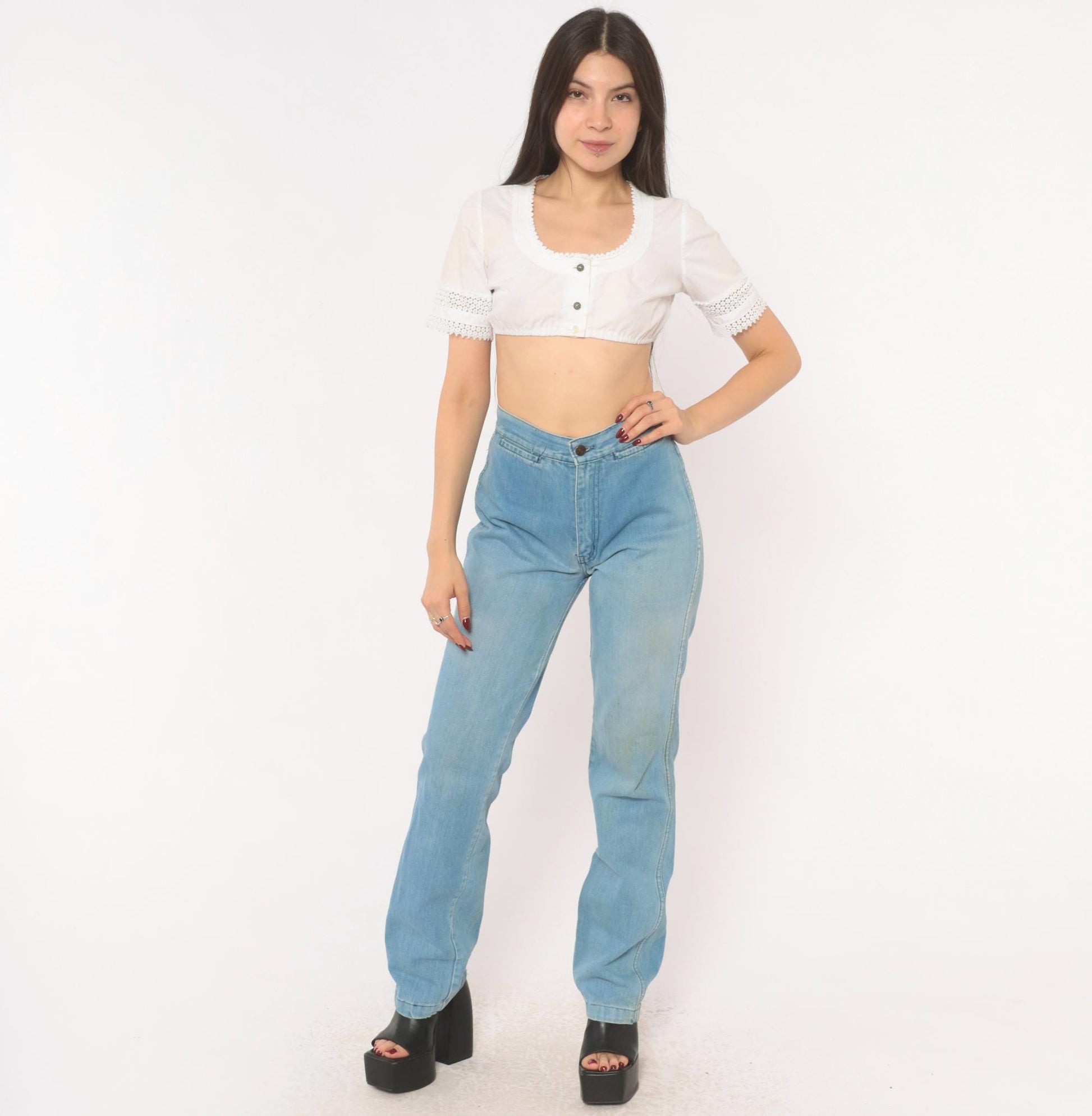 70s Glad Rags High Waist Straight Leg Jeans Light Blue Floral Embroidered Small