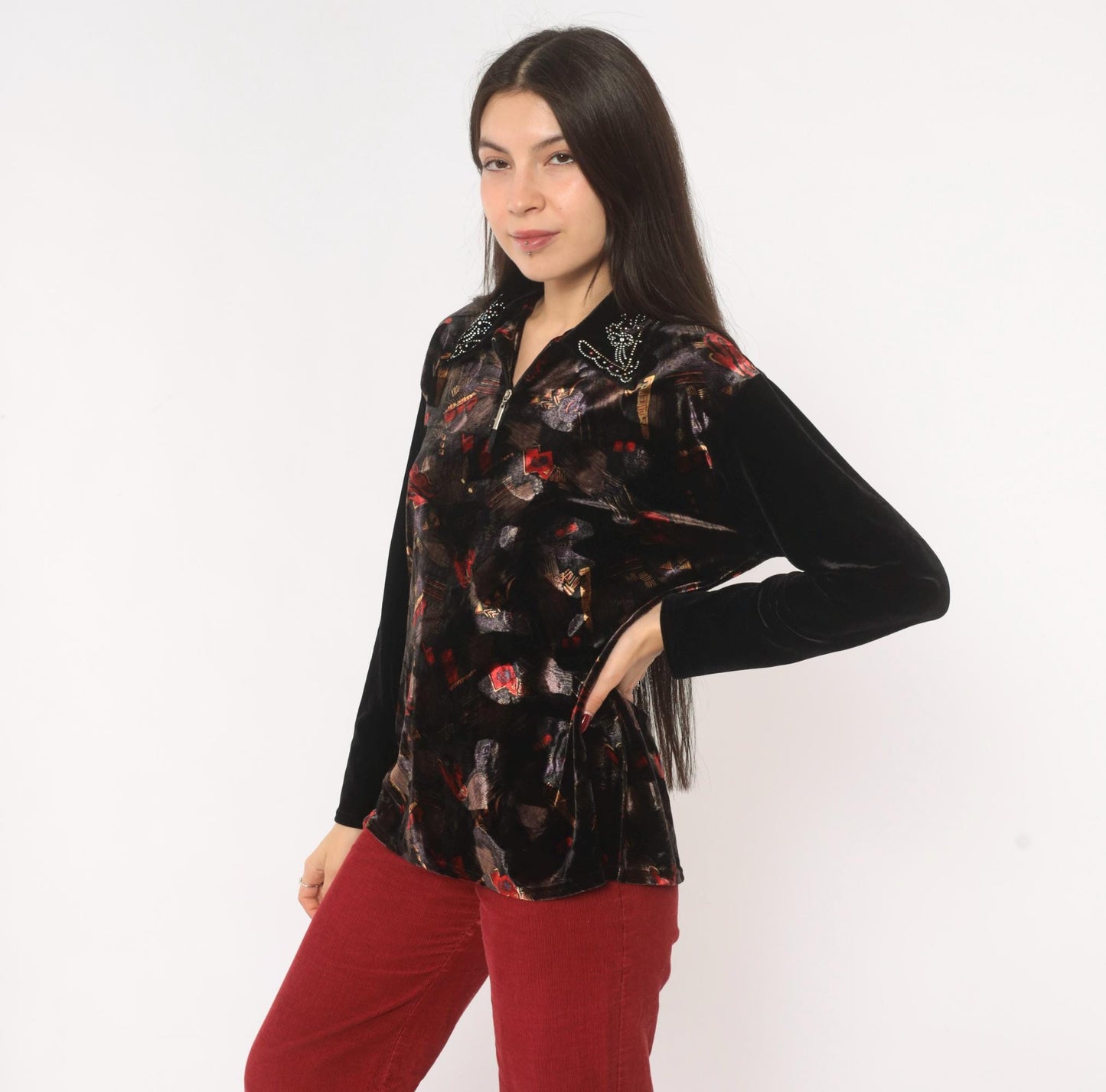 90s Black Velvet Blouse Rhinestone Collar Painterly Print Long Sleeve Medium M