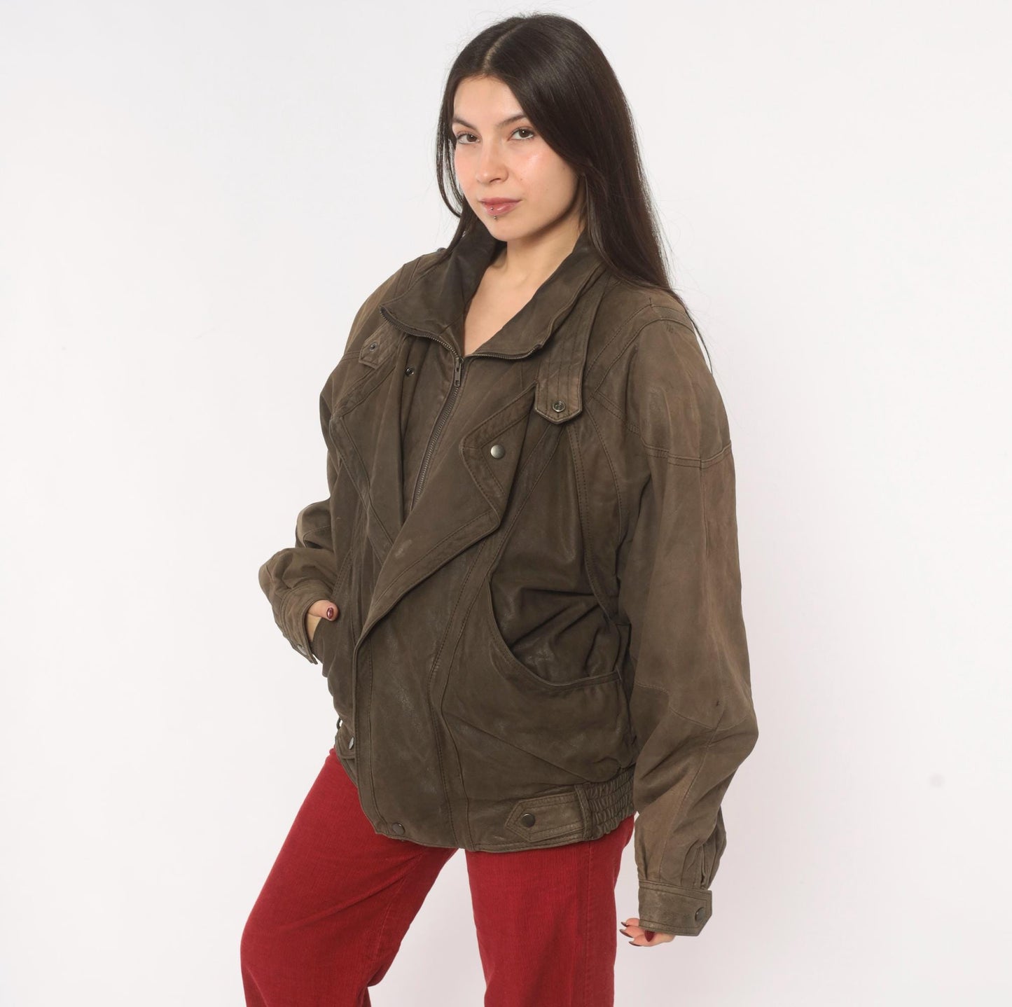 80s Pelle Studio Brown Leather Bomber Jacket Batwing Moto Large L