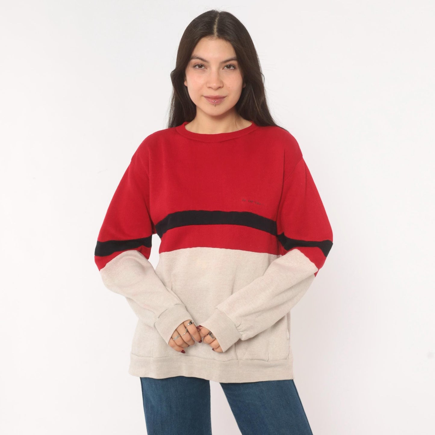 80s Dunlop Color Block Sweatshirt Red Cream Black Stripe Drop Shoulder Large