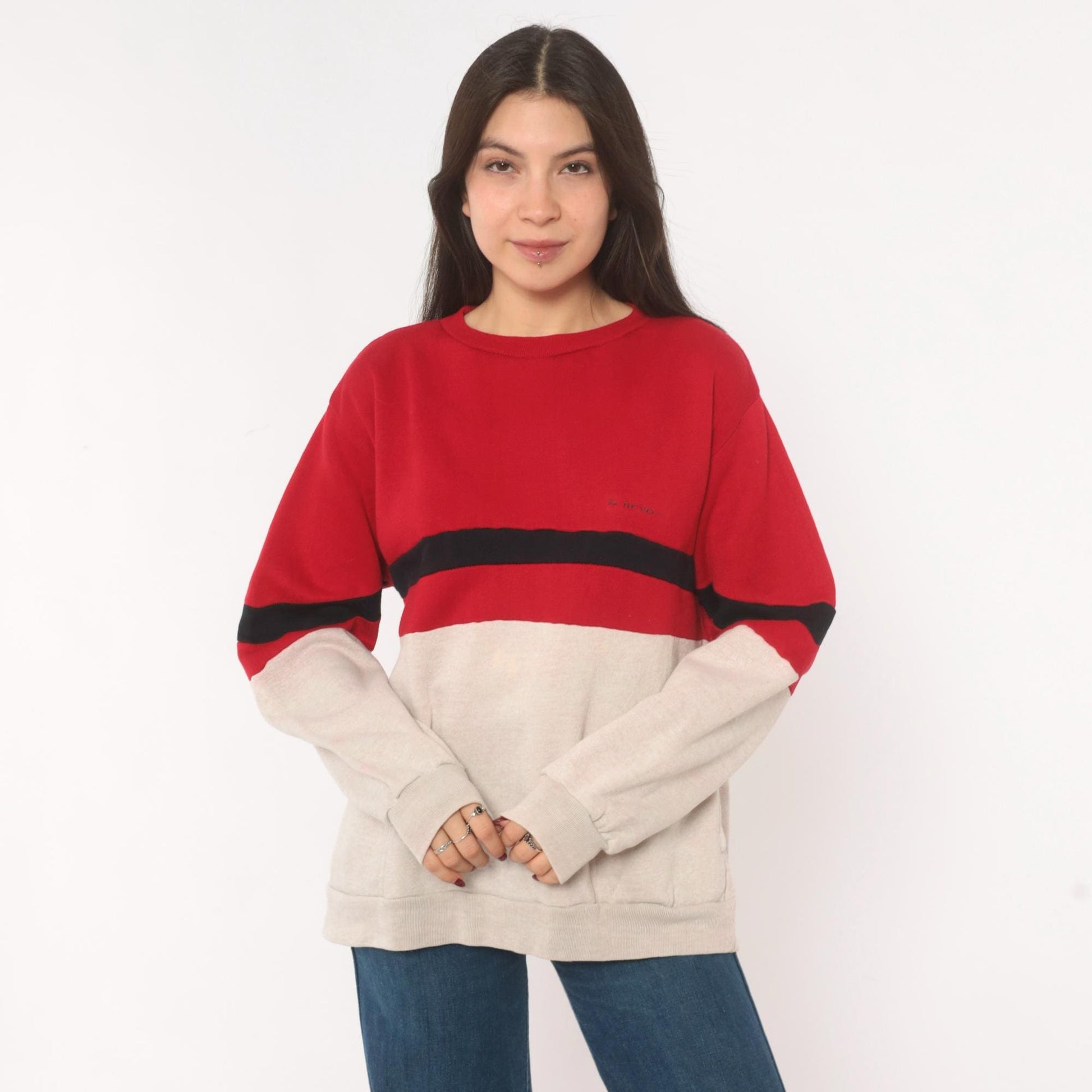 80s Dunlop Color Block Sweatshirt Red Cream Black Stripe Drop Shoulder Large
