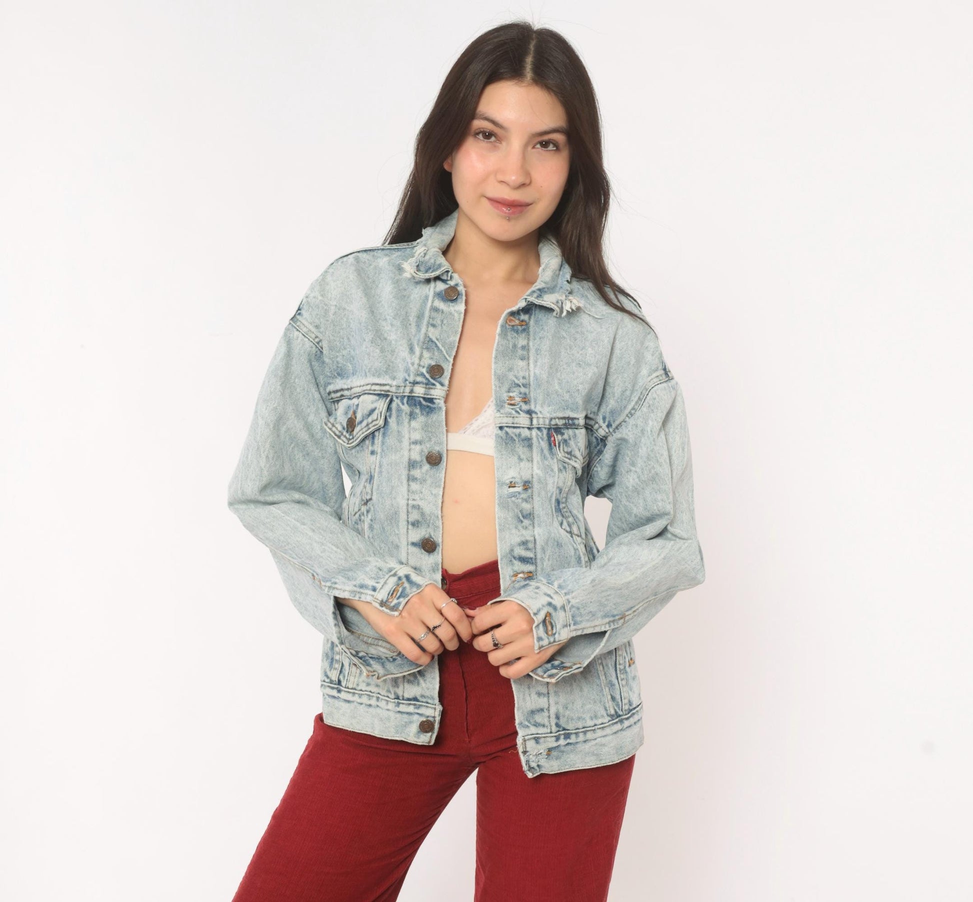 80s Levi's Acid Wash Denim Trucker Jacket Light Blue Distressed XS