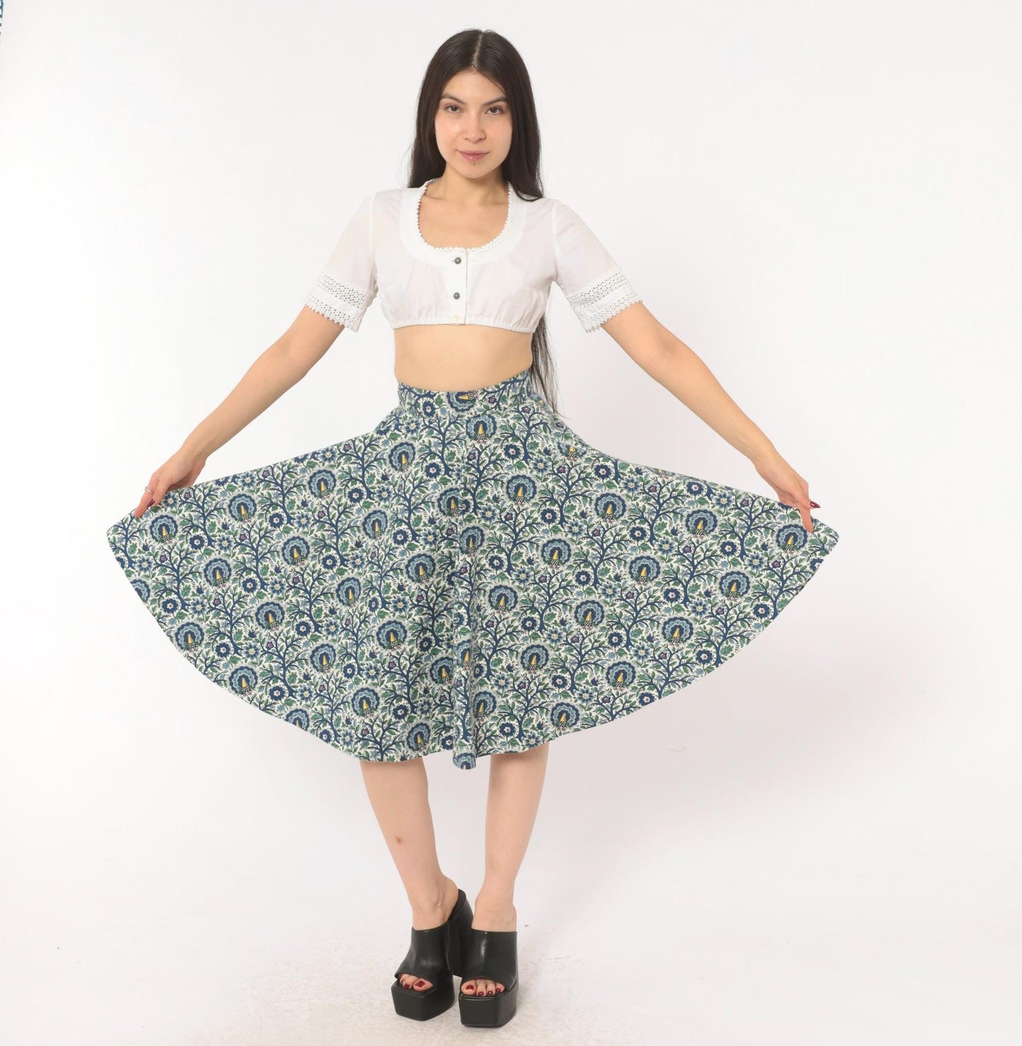 1950s Peacock Bird Circle Skirt Cotton Floral High Waist Blue Ivory Extra Small XS