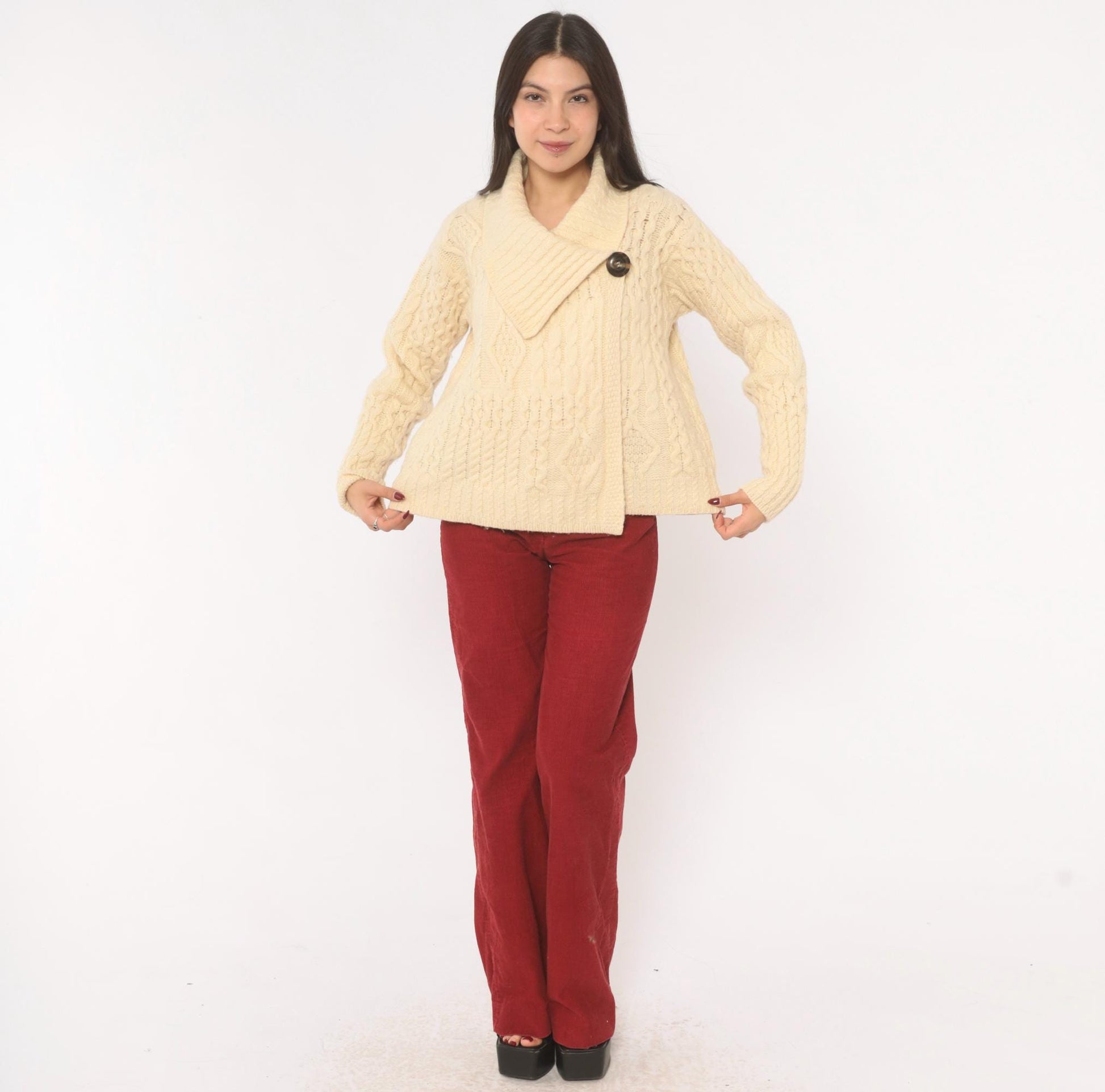 80s Arancrafts Aran Cable Knit Cardigan Cream Wool Shawl Collar Small S