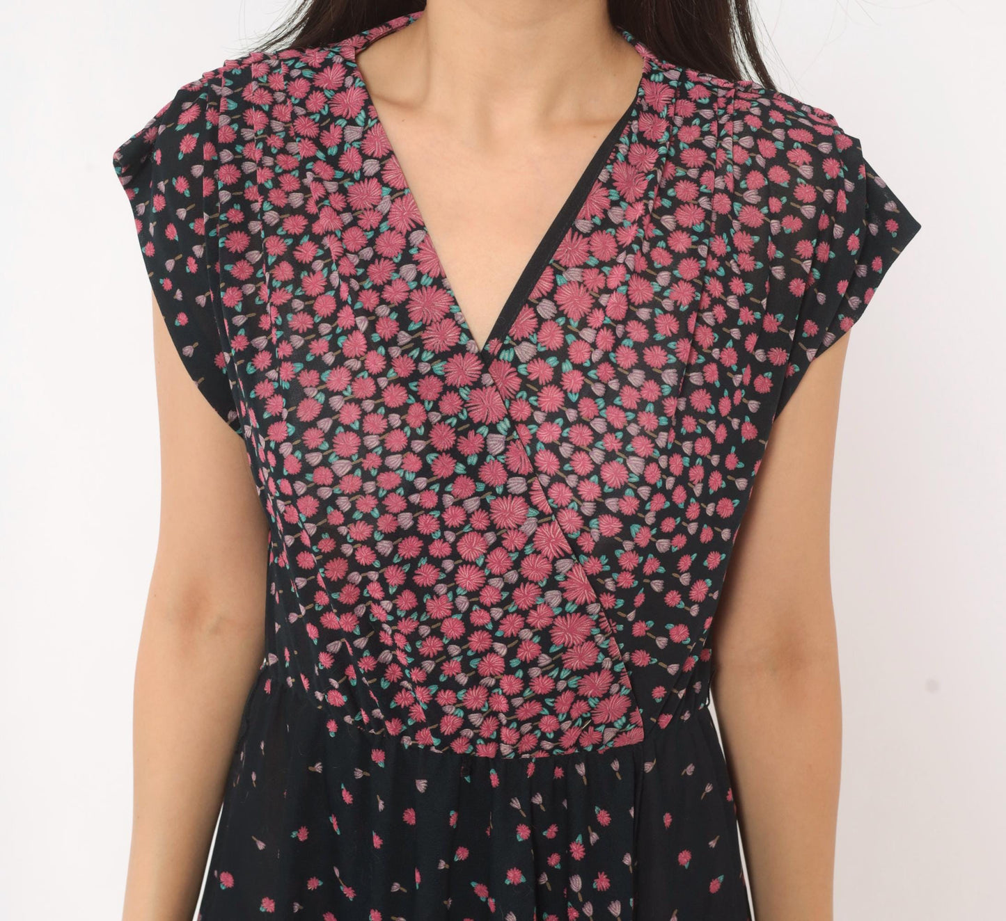 70s JT Jody of California Floral Wrap Dress Black Pink Gradient Knee-Length Medium