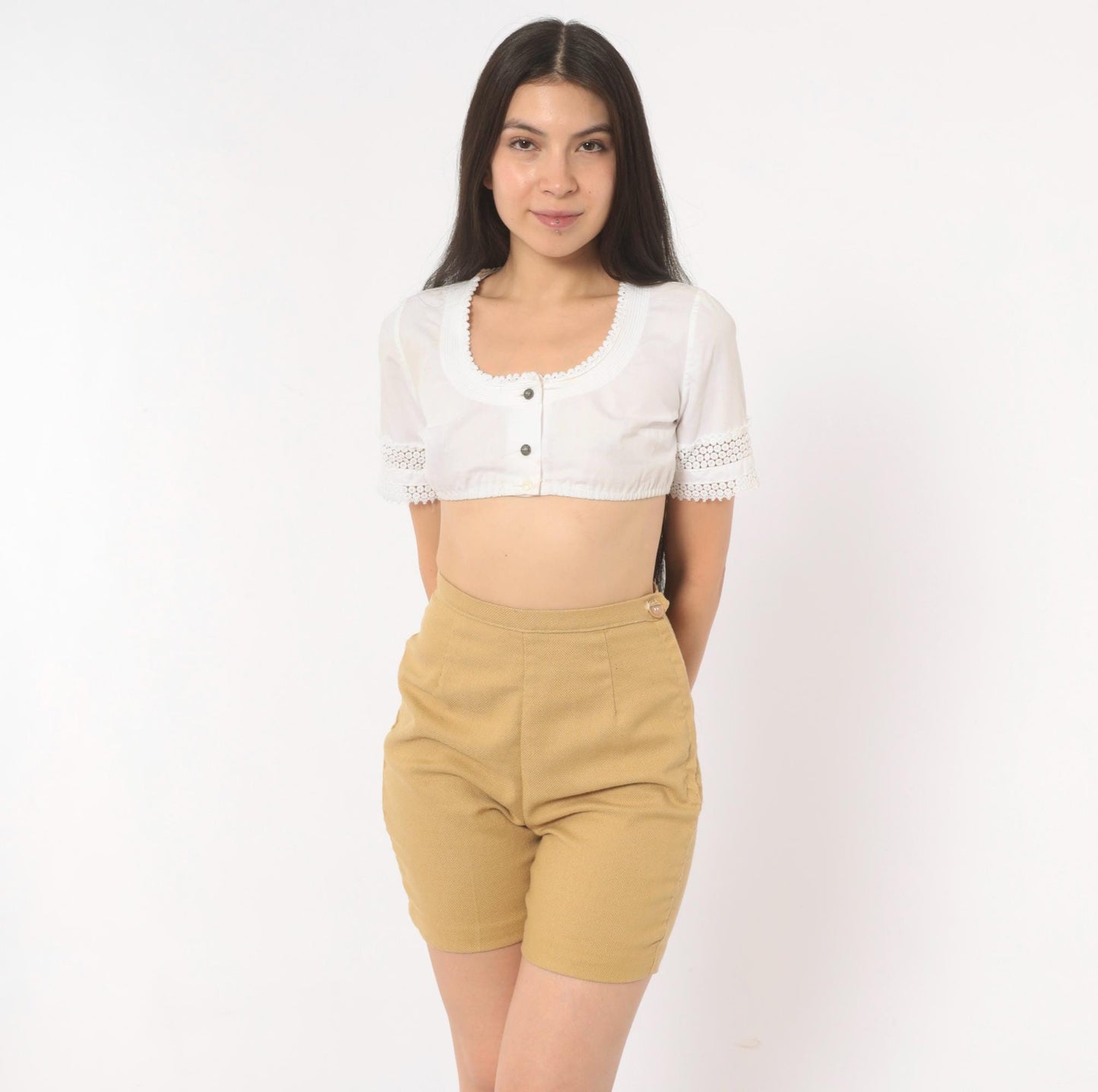 70s Permanent-Press High-Waisted Shorts Tan Cotton Linen Extra Small XS