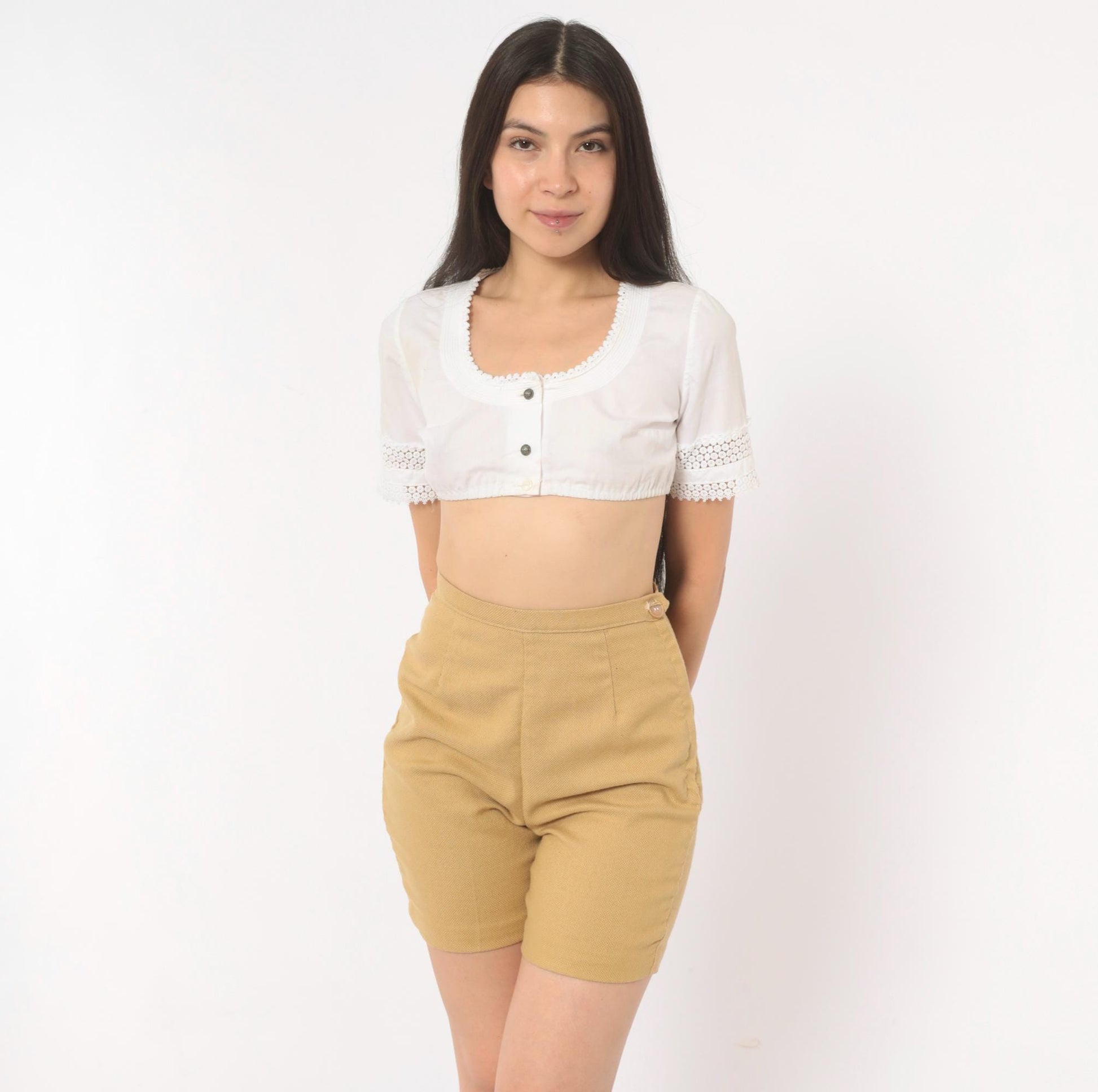 70s Permanent-Press High-Waisted Shorts Tan Cotton Linen Extra Small XS