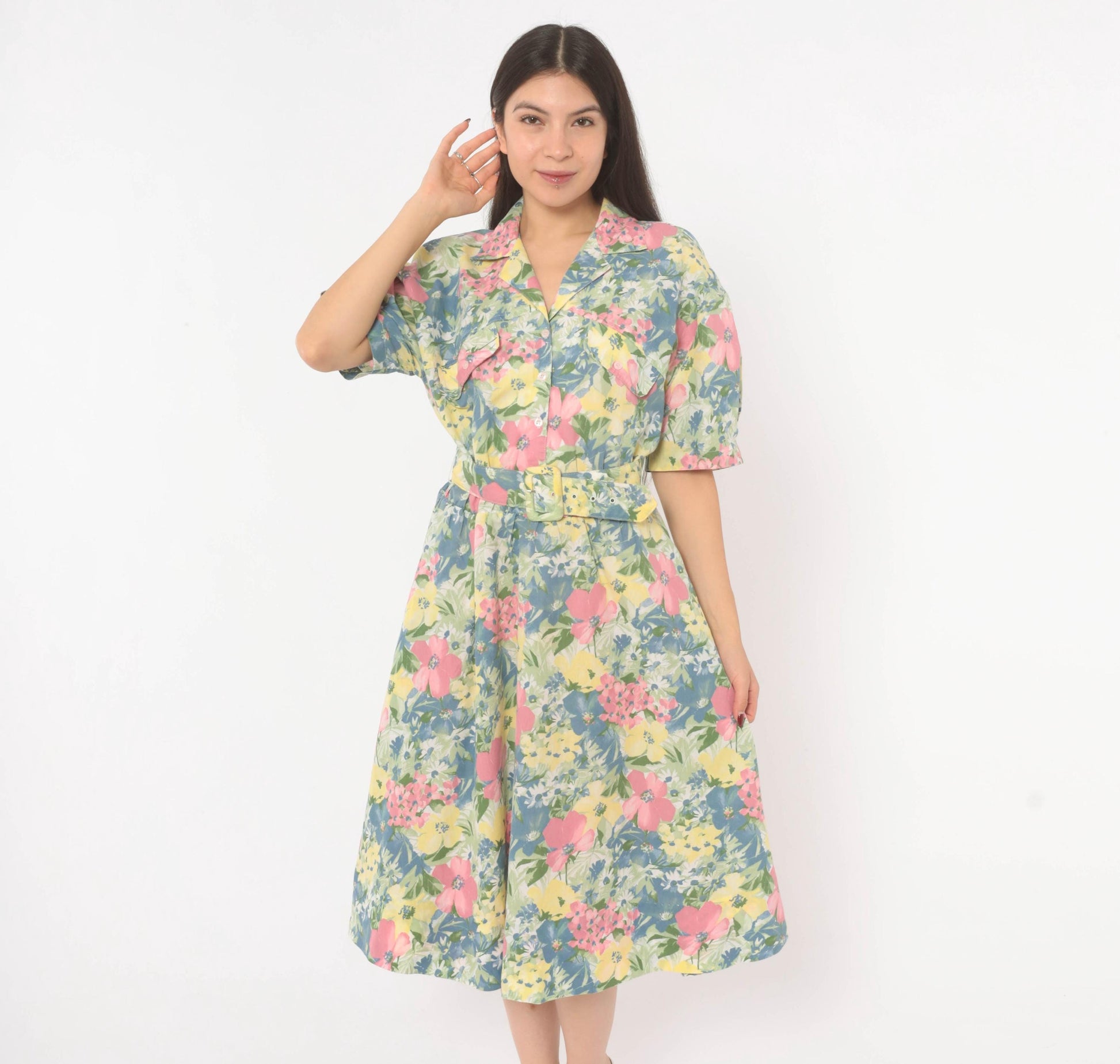 80s Cabrais Floral Midi Shirtdress Puff Sleeve Belted Pink Garden Medium
