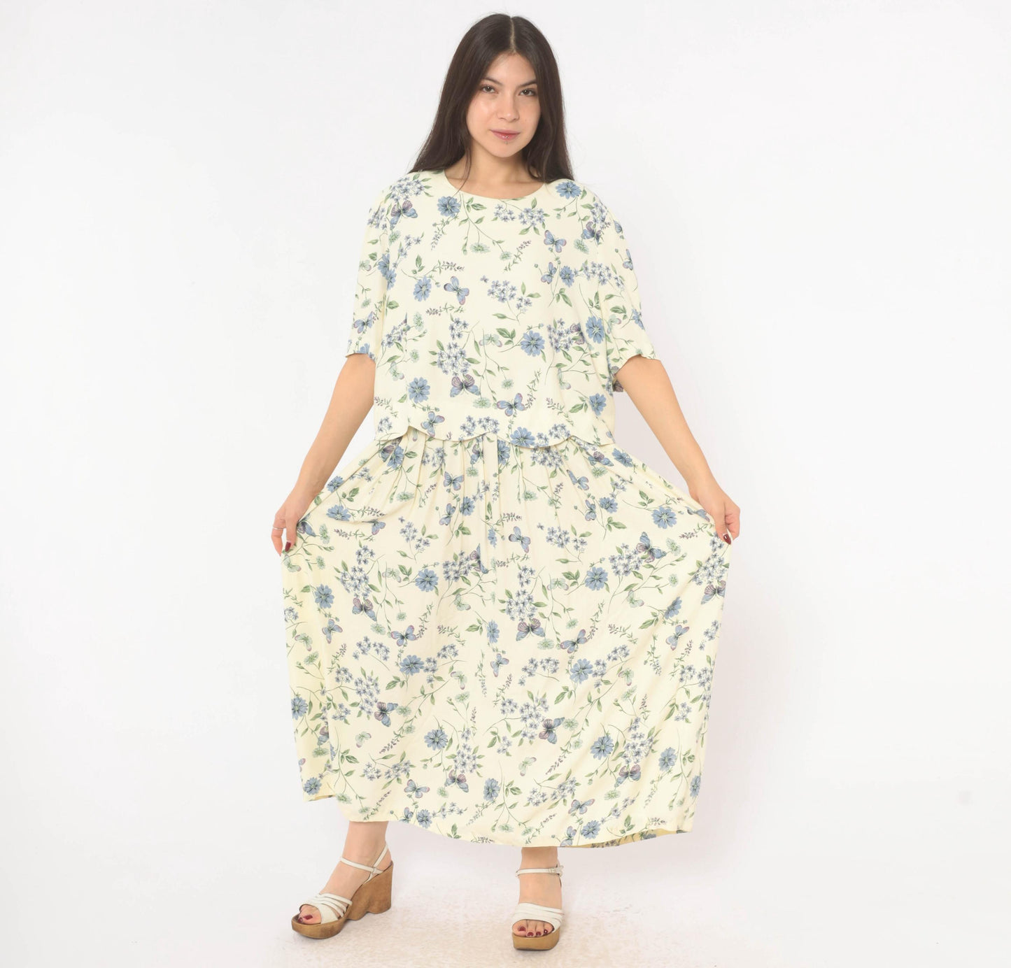 90s SL Fashions Floral Maxi Dress Cream Blue Lavender Peplum Short Sleeve Extra Large XXL