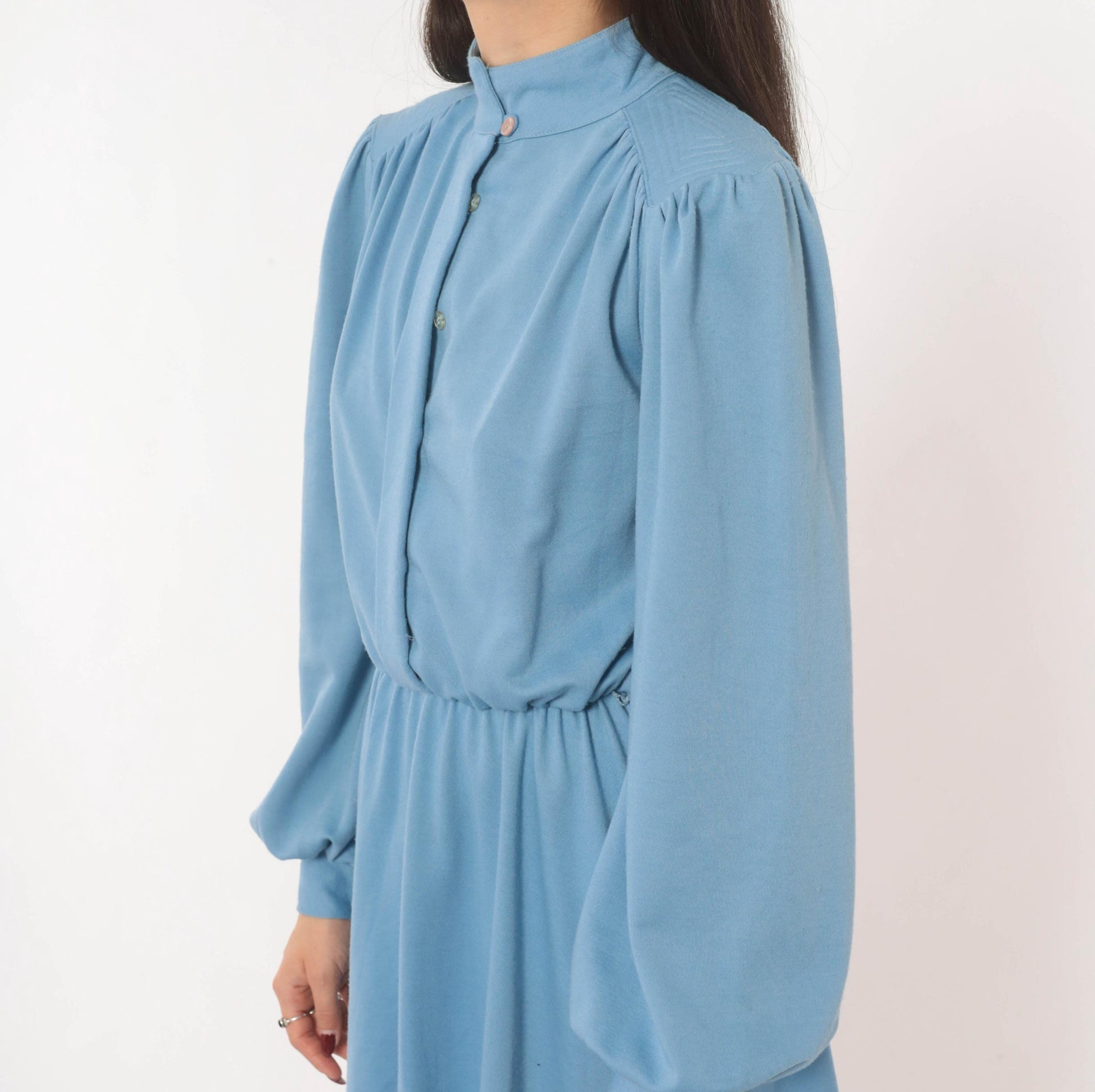 70s Sky Blue Sunshine Alley Dress Bishop Sleeve Quilted Yoke Knee Length Medium M