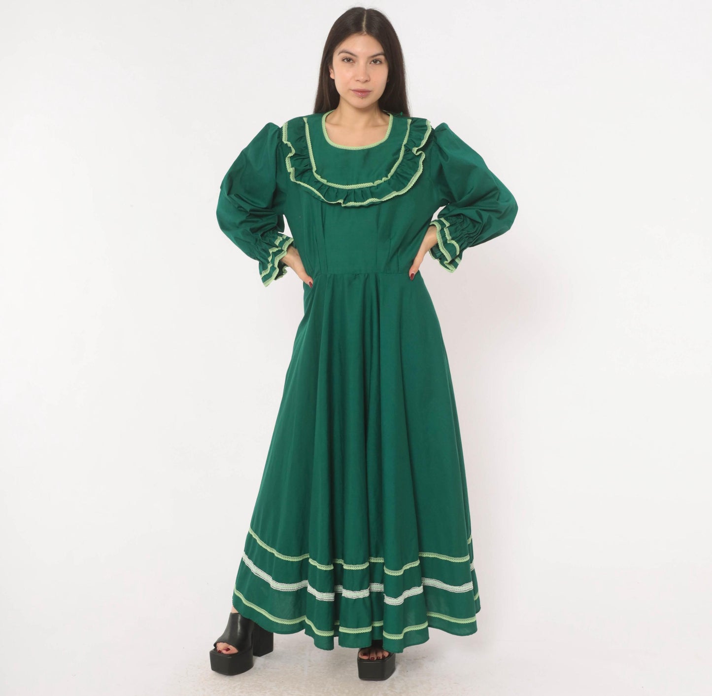70s Forest Green Prairie Maxi Dress Lace Ruffle Puff Sleeve Large L