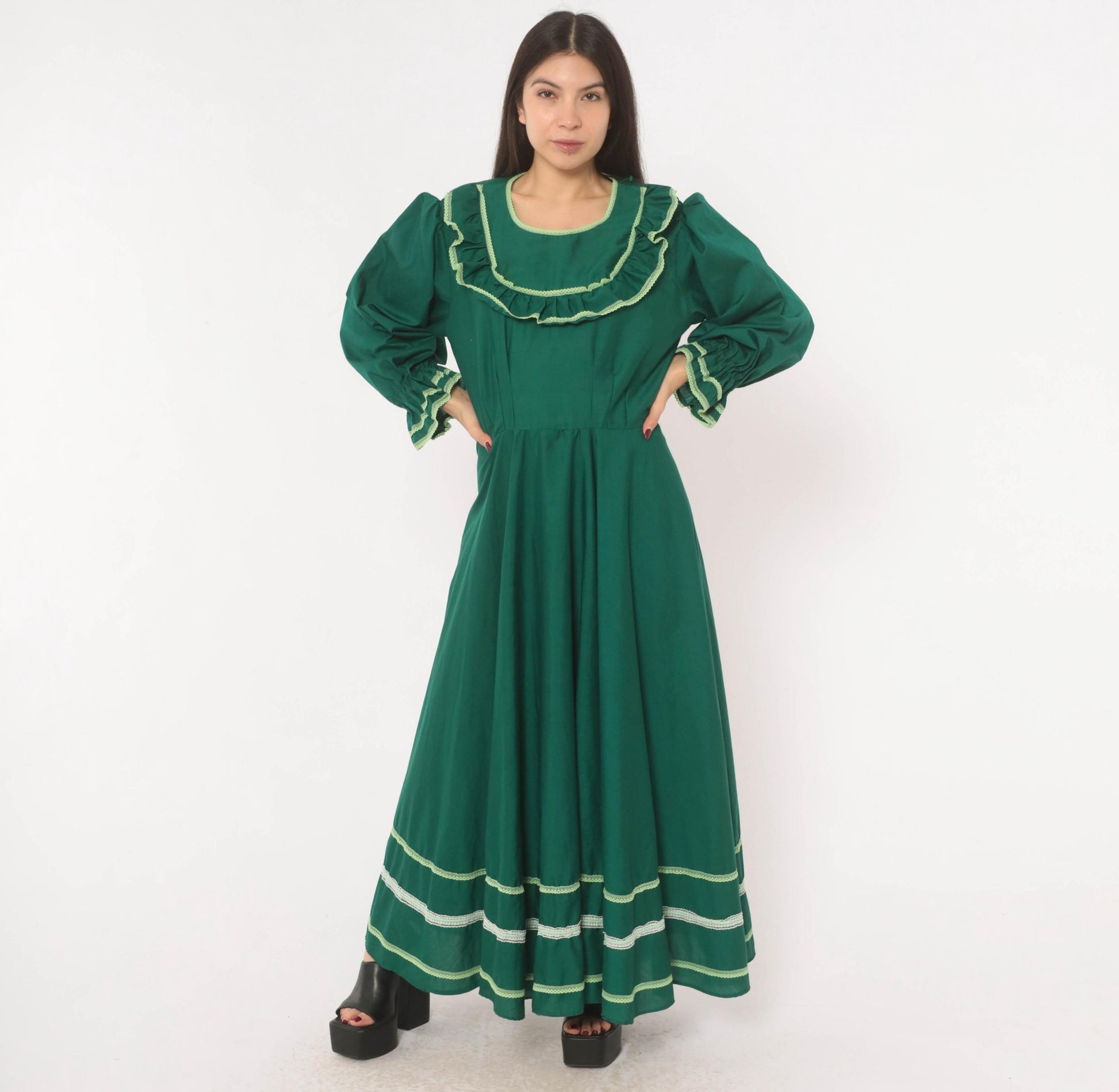 70s Forest Green Prairie Maxi Dress Lace Ruffle Puff Sleeve Large L