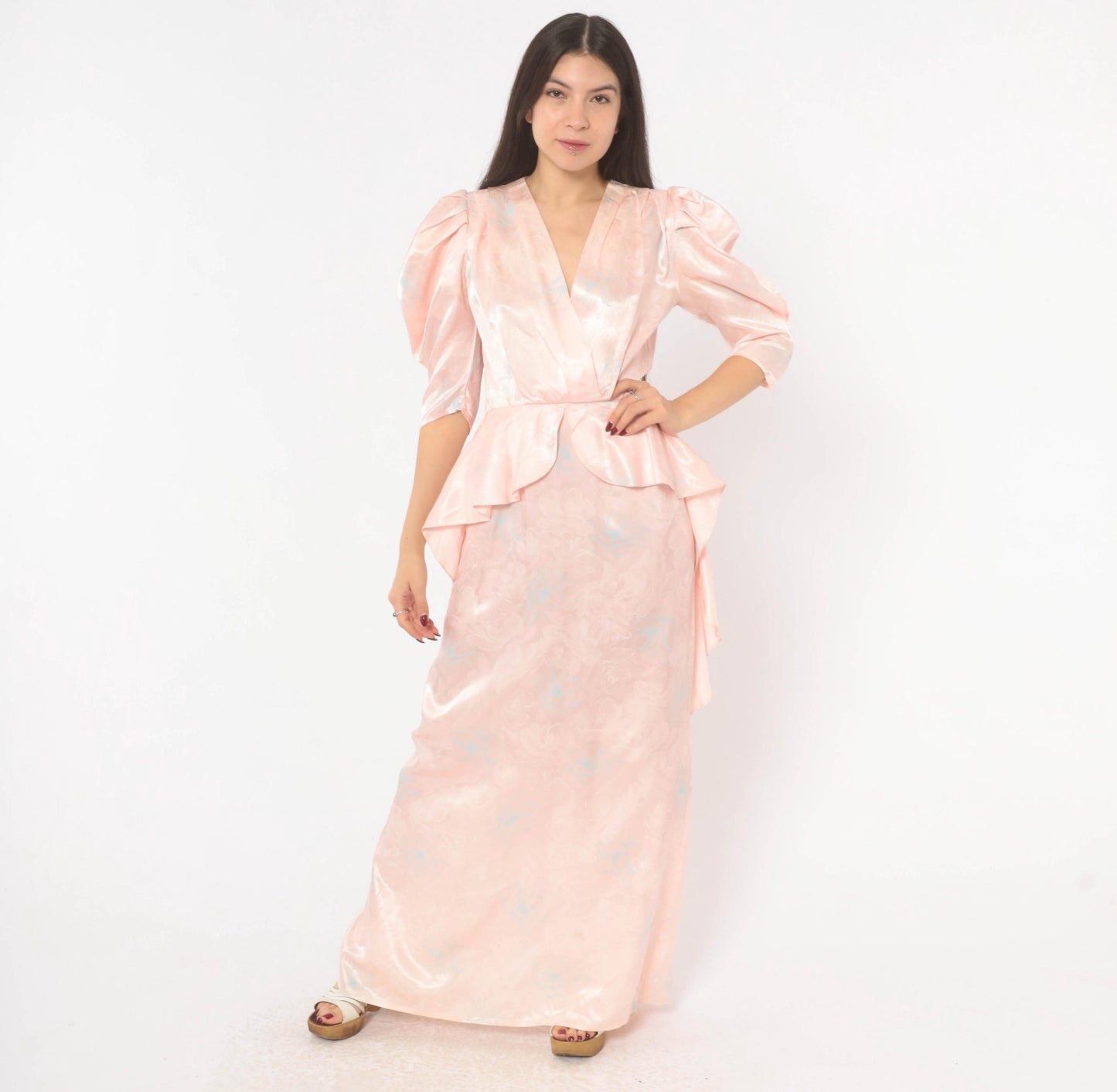 80s Zum Zum Puff Sleeve Maxi Gown Blush Pink Jacquard Floral Extra Small XS