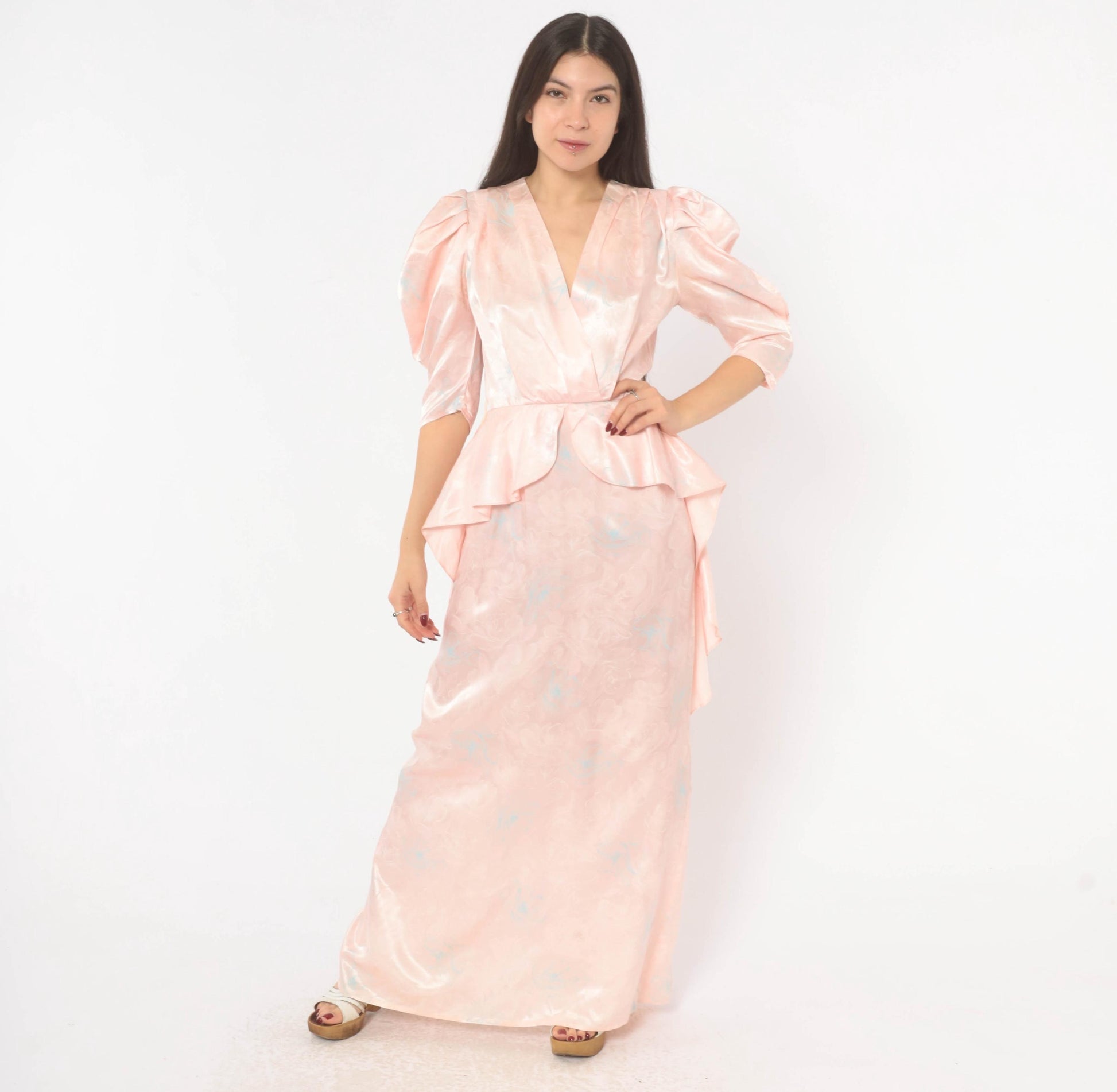 80s Zum Zum Puff Sleeve Maxi Gown Blush Pink Jacquard Floral Extra Small XS