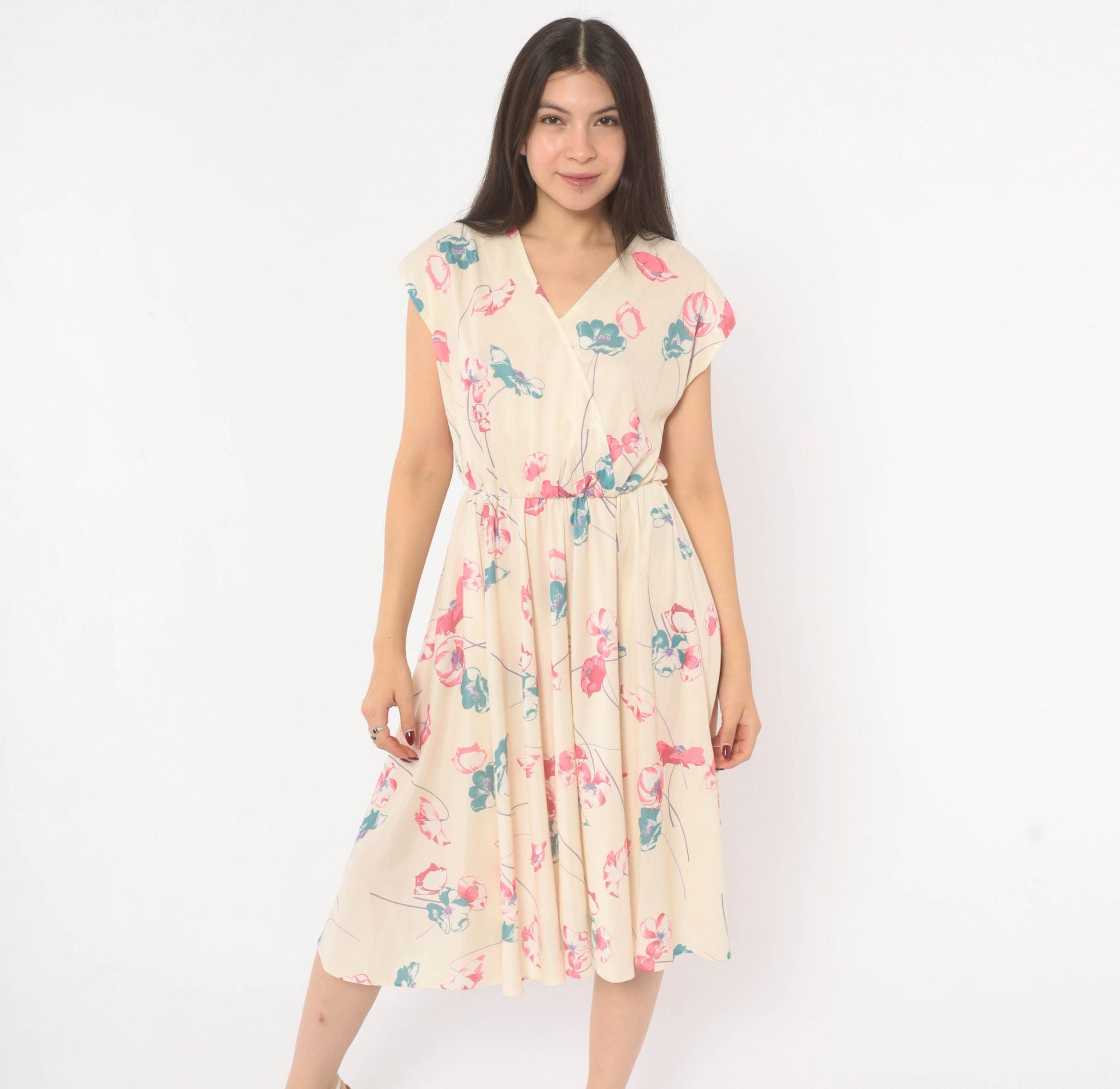 80s Floral Wrap Dress Cream Pink Teal Cap Sleeve Knee Length Medium