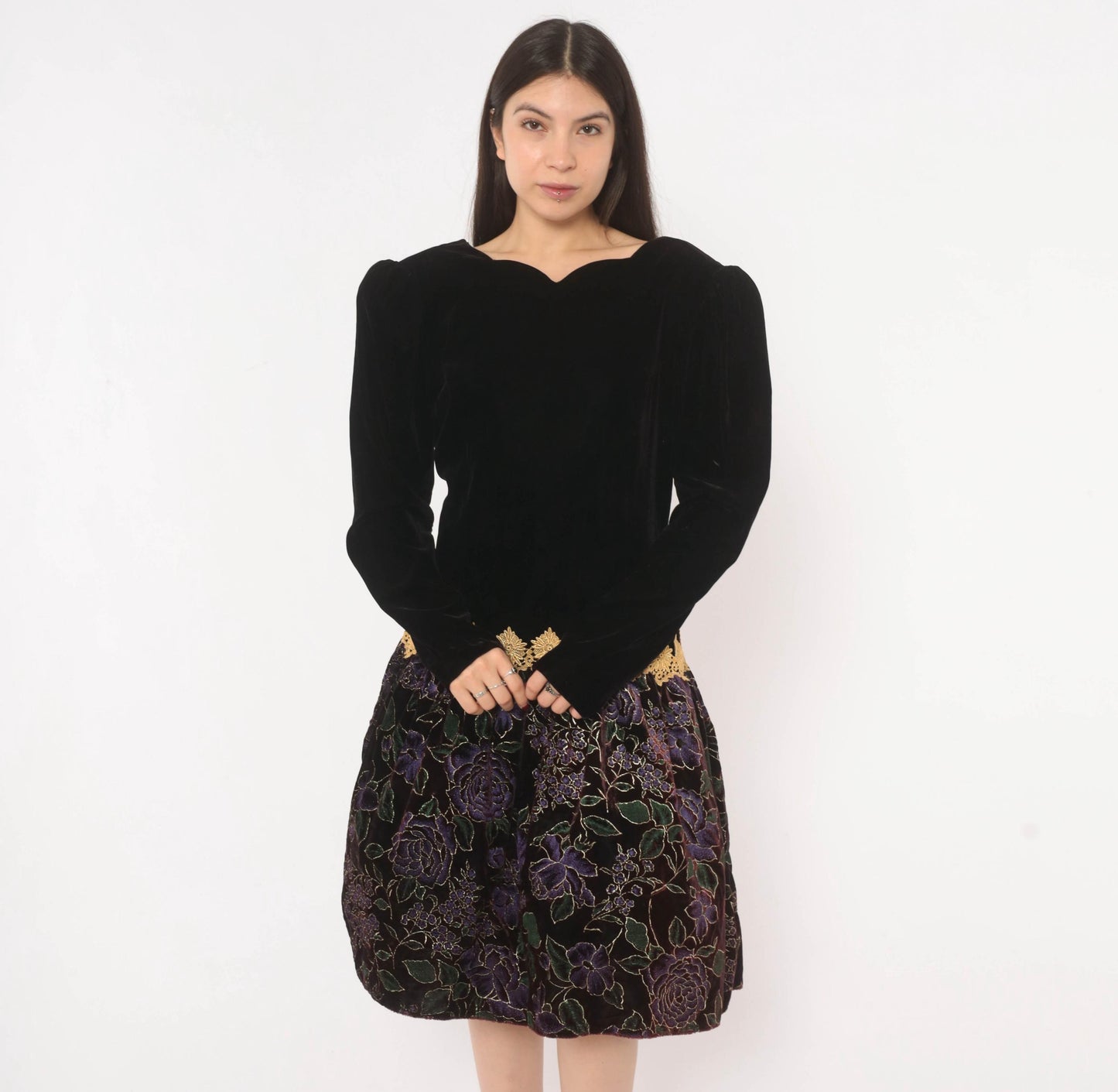 90s Scott Mcclintock Black Velvet Drop Waist Dress Purple Floral Open Back Large