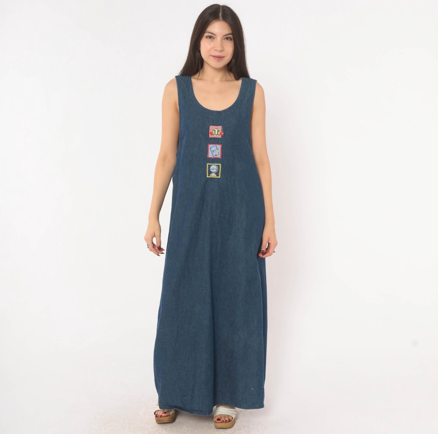 90s White Stag Navy Denim Maxi Jumper Dress School Patches Large L