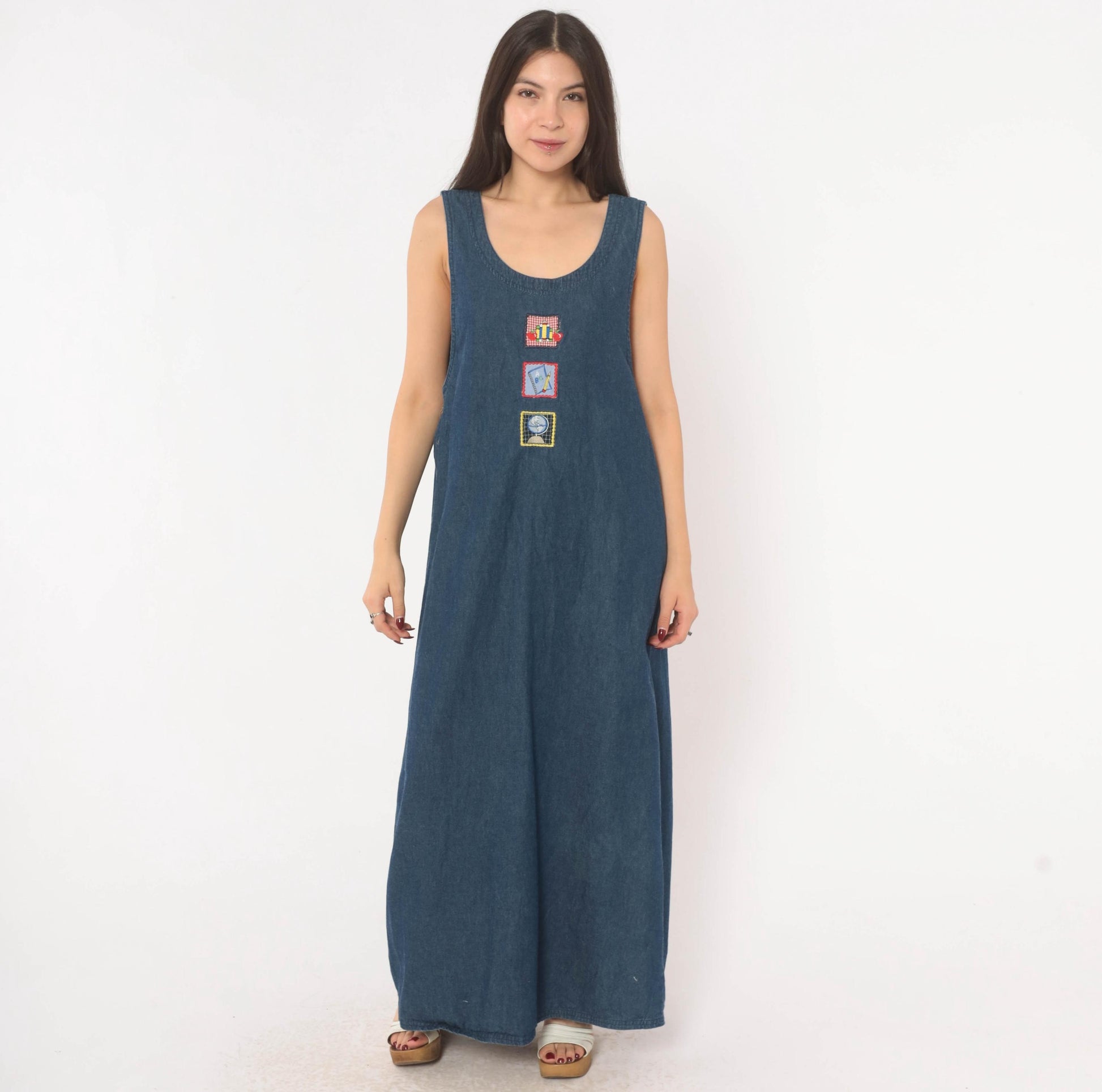90s White Stag Navy Denim Maxi Jumper Dress School Patches Large L