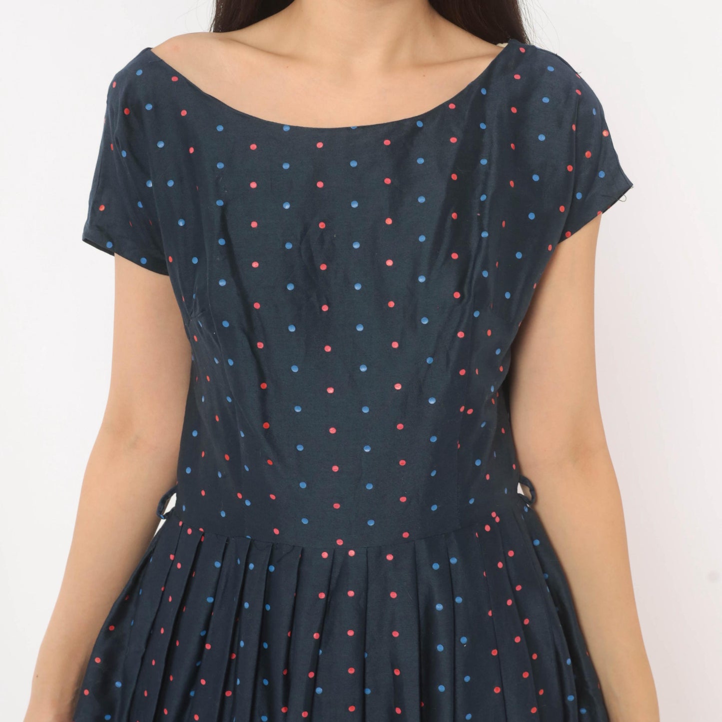 60s Navy Polka Dot Peplum Dress Red Blue Cap Sleeve Fitted Waist Medium M