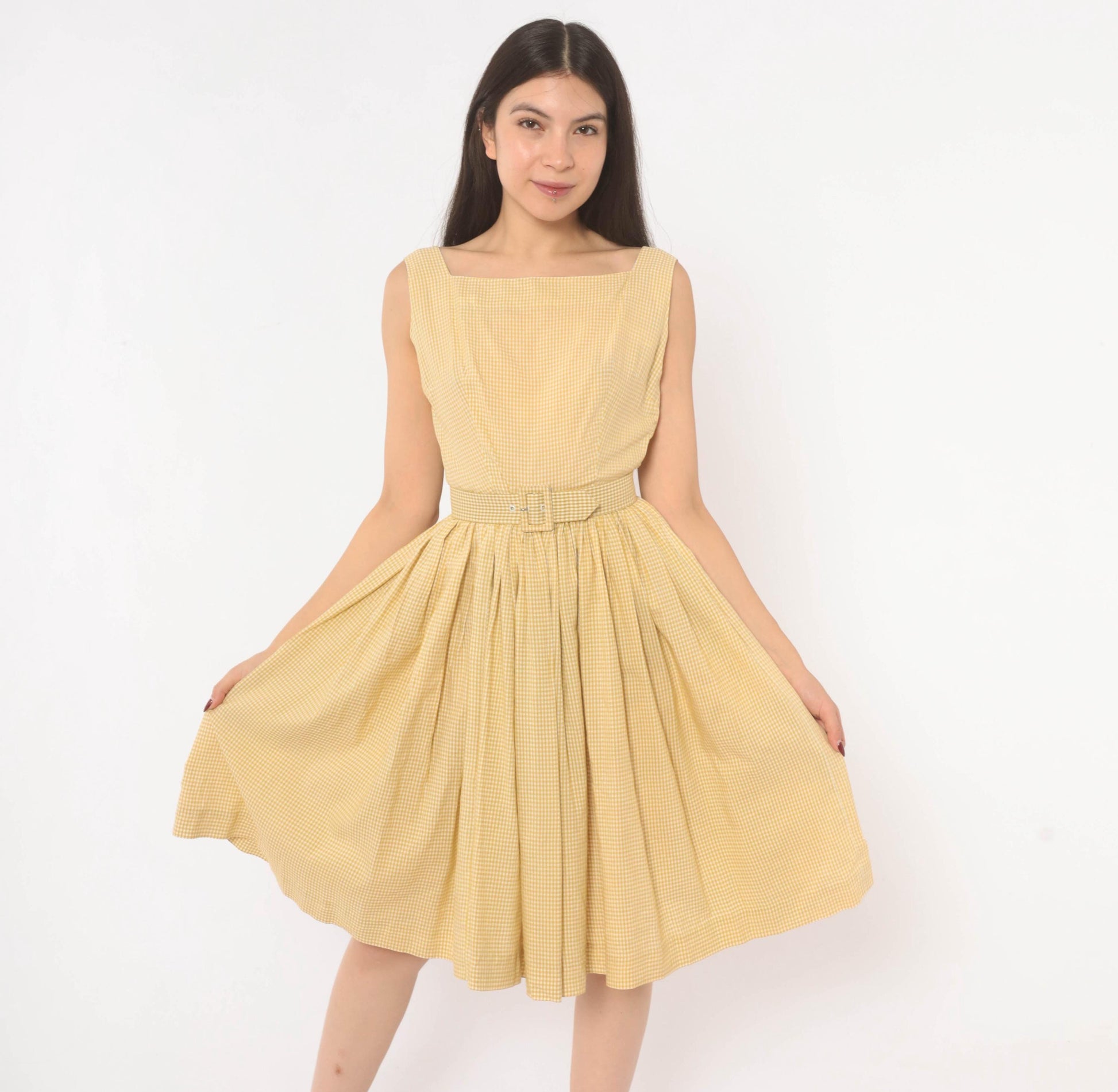 1950s P.S. Andrews Co Gingham Sundress Yellow White Cotton Fit Flare Extra Small XS