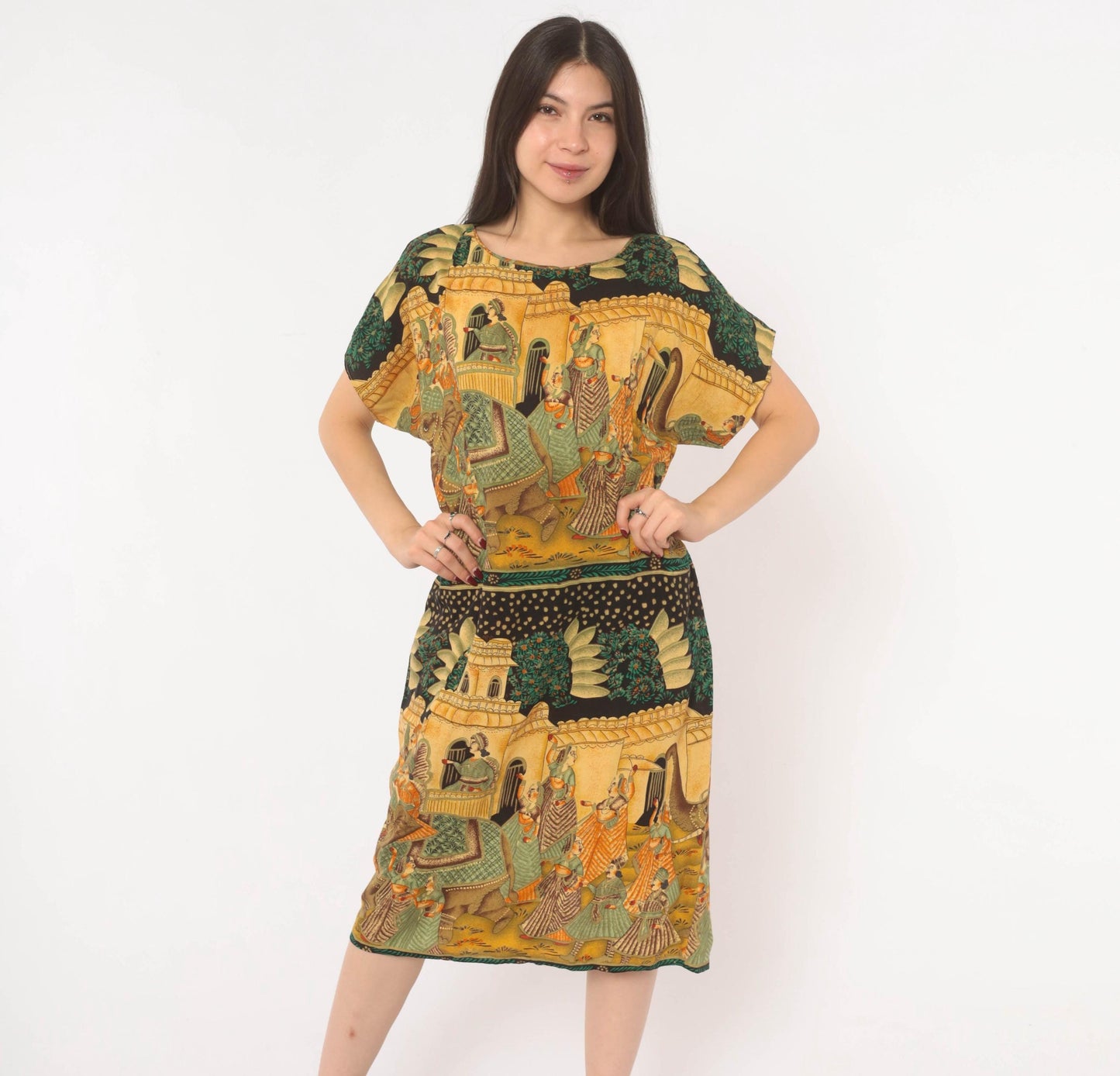 90s Mughal Palace Print Shift Dress Mustard Green Rayon Medium M