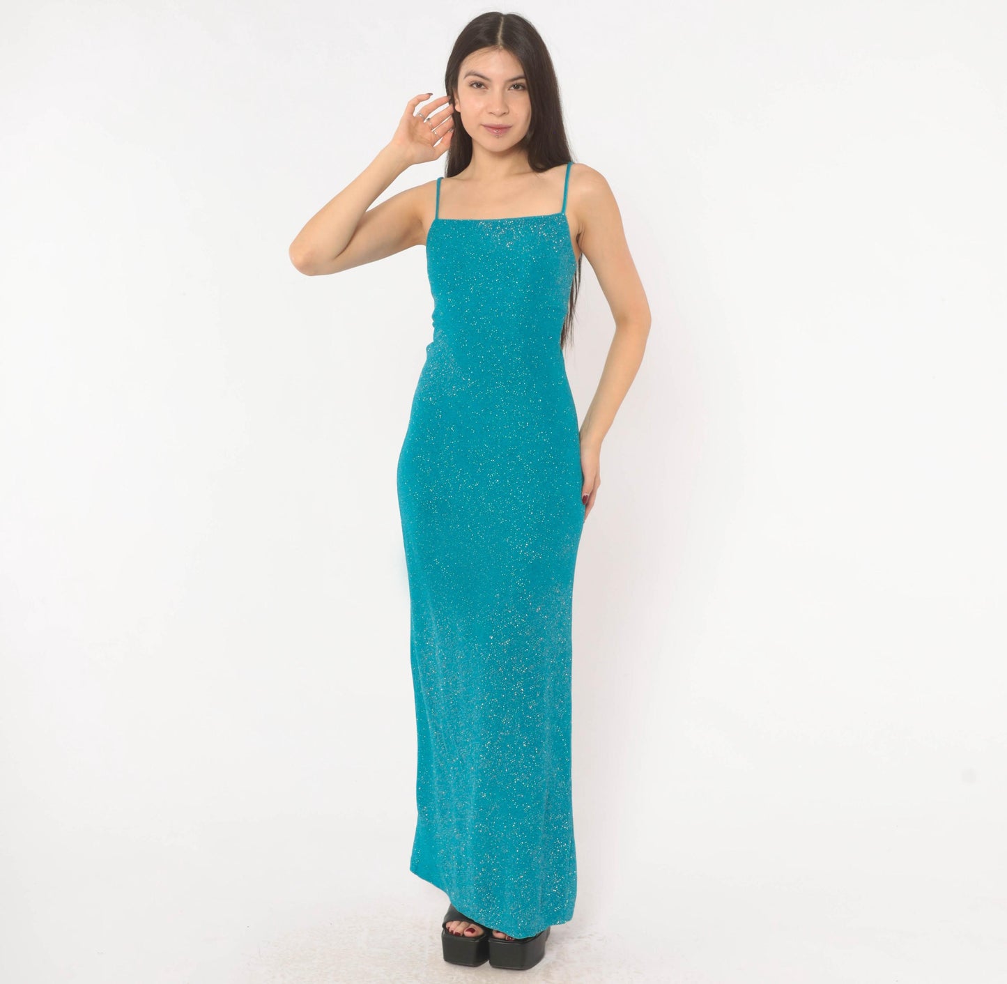 2000s City Triangles Teal Glitter Maxi Dress Lace-Up Back Small