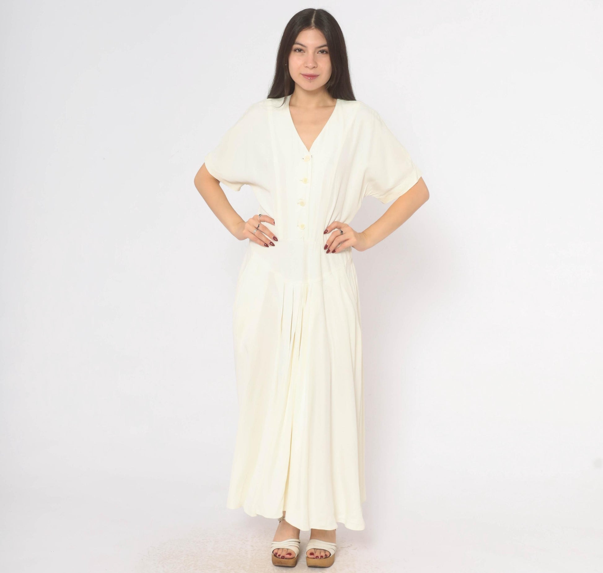 90s E.D. Michaels Cream Button Front Maxi Dress Puff Sleeve Drop Waist Medium M