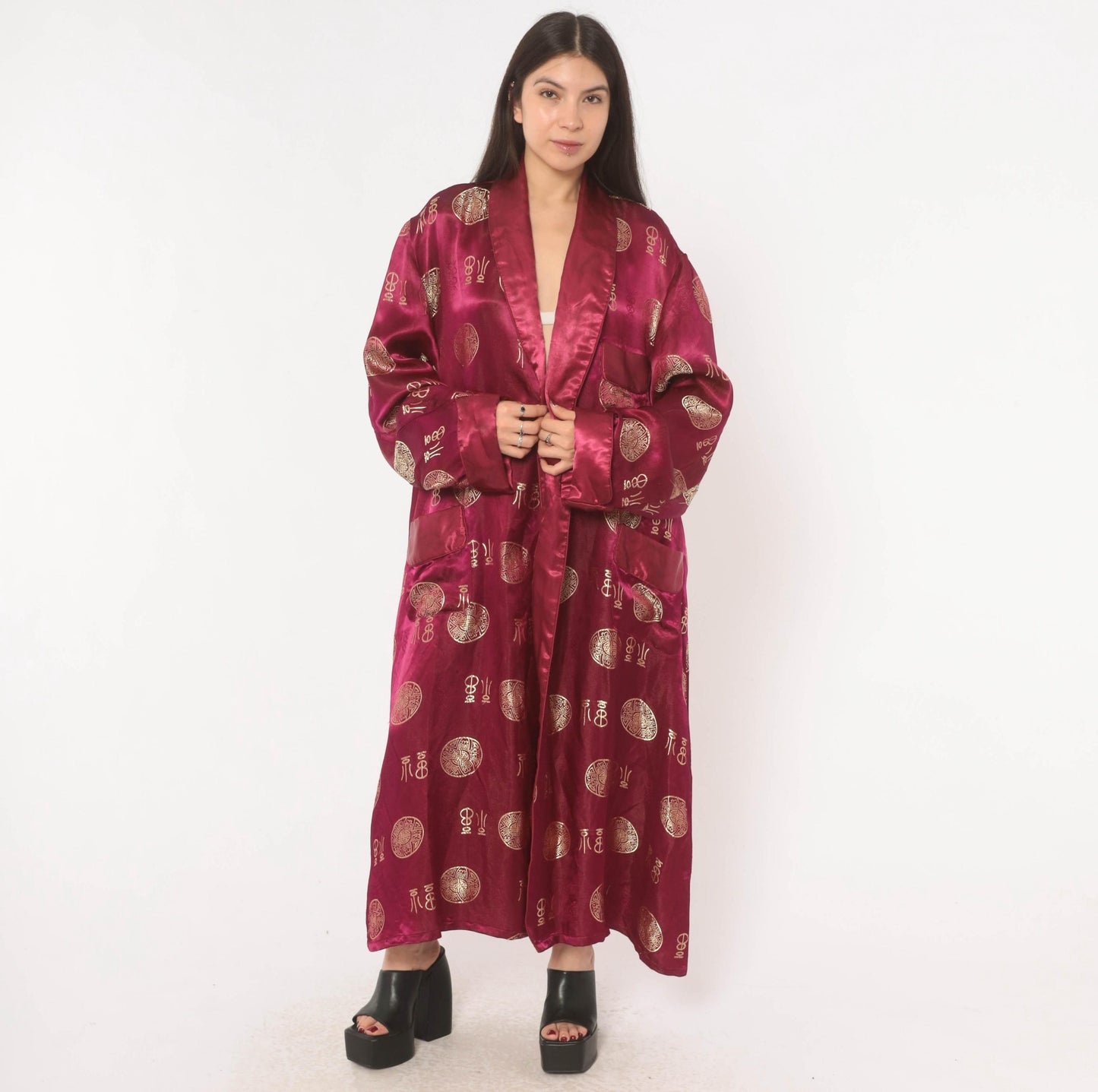 90s Magenta Satin Robe Gold Jacquard Medallion Kimono Maxi Duster Large L