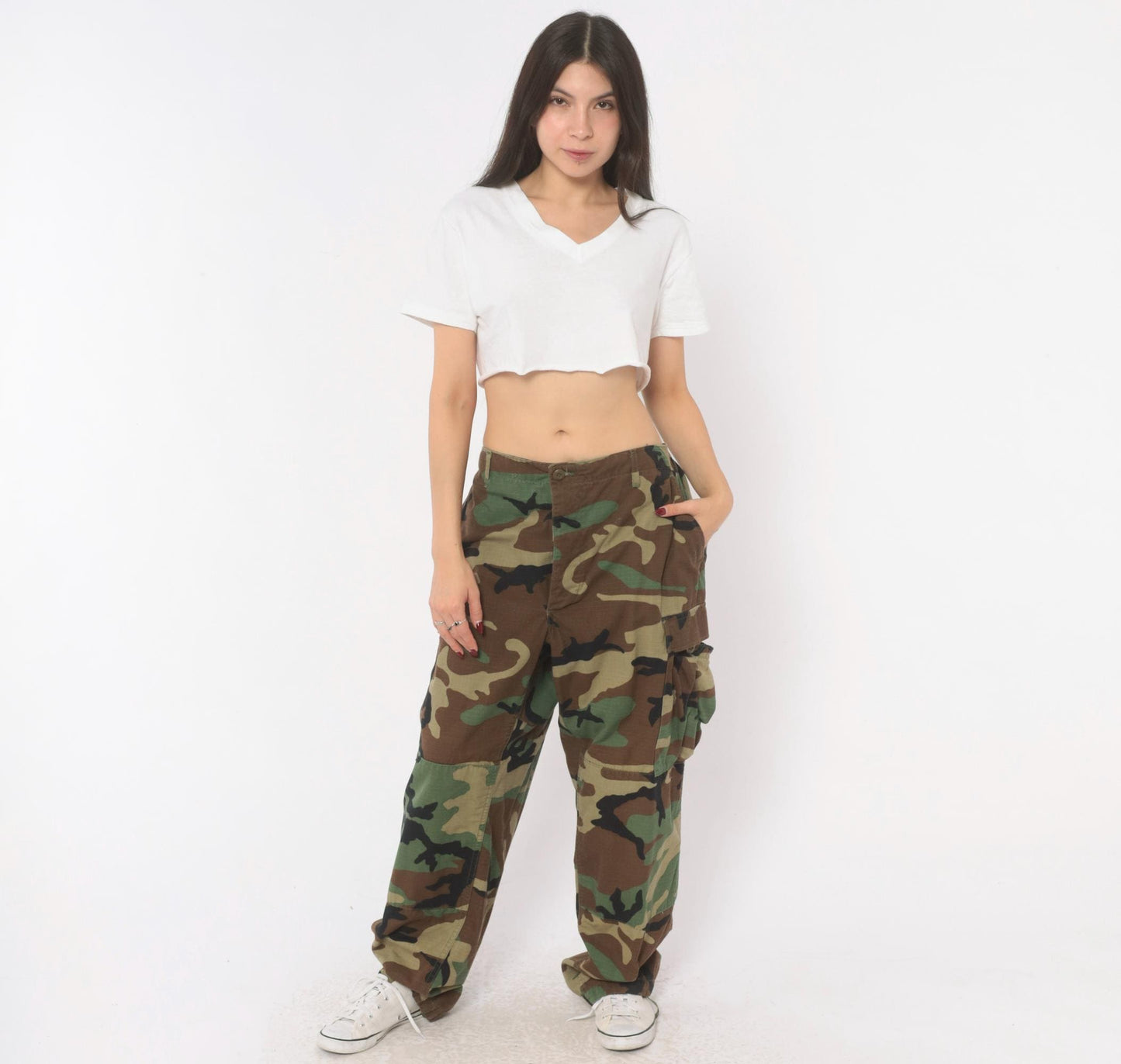 Y2K Woodland Camo Cargo Pants Olive Brown Ripstop Military BDU Large L