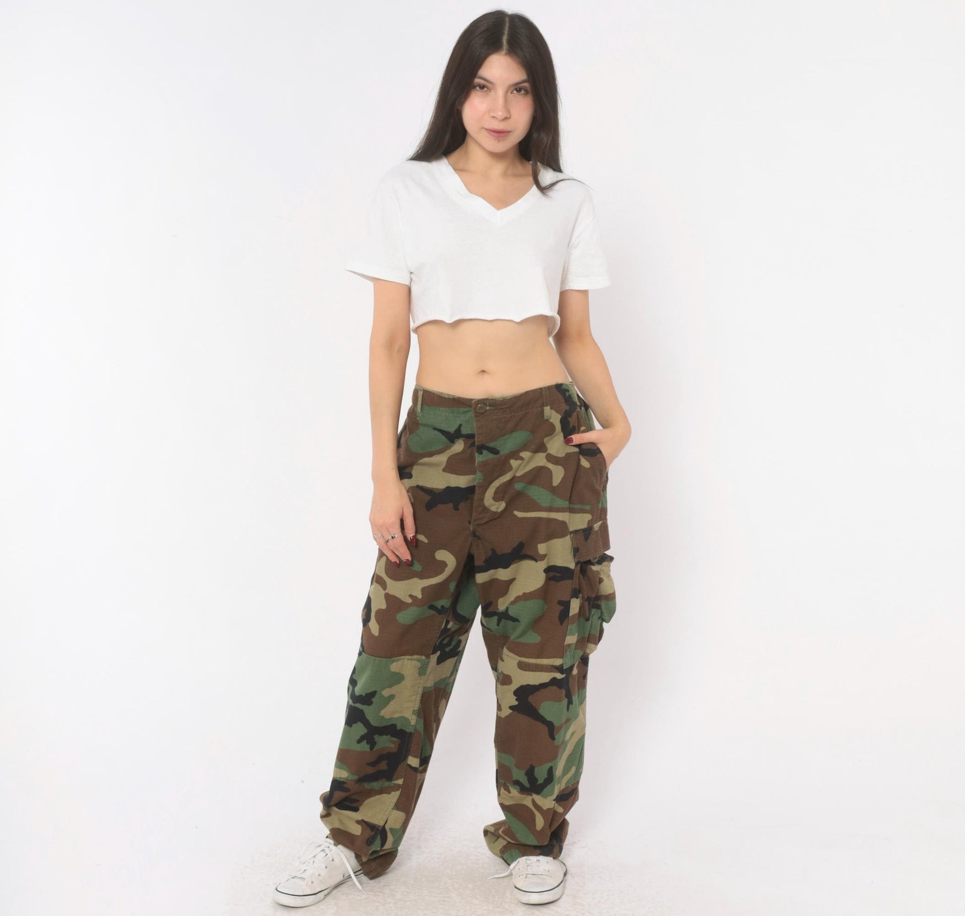 Y2K Woodland Camo Cargo Pants Olive Brown Ripstop Military BDU Large L