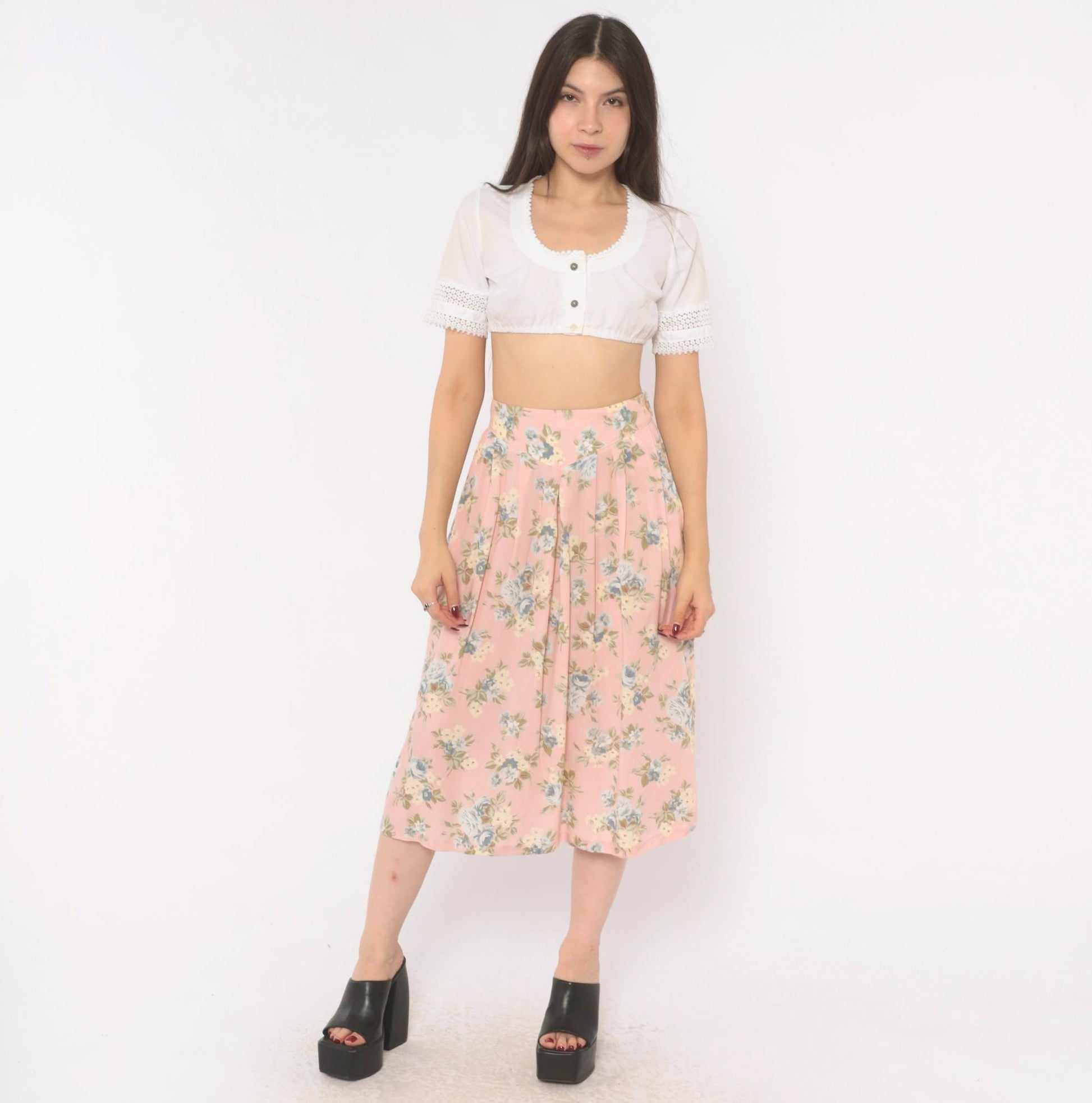 90s Russ Petites Floral Pleated Skirt Pink Rose Blue Cotton A-Line Medium