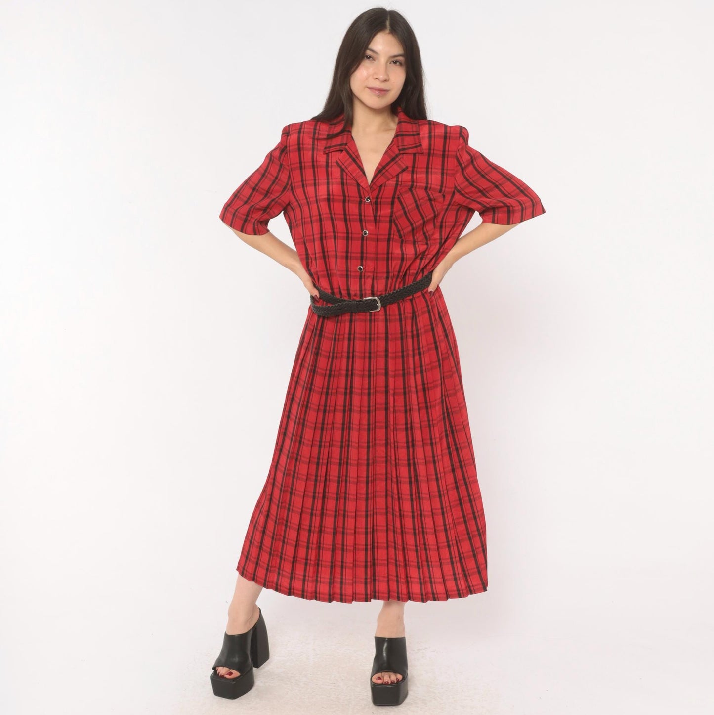 80s Leslie Fay Plaid Shirtdress Red Black Tartan Midi Pleated Medium Large