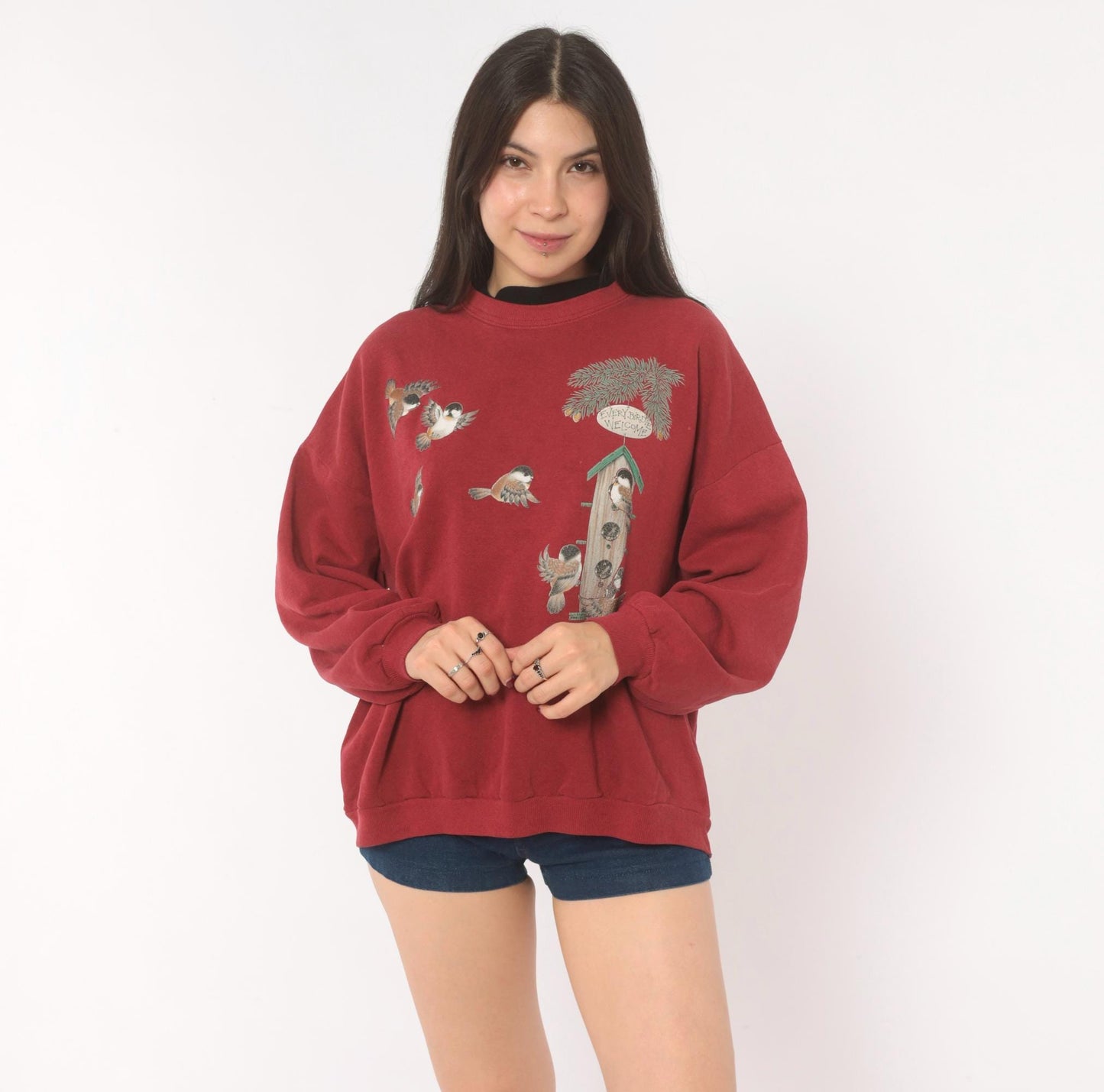 90s Morning Sun Burgundy Bird Birdhouse Crewneck Sweatshirt Cotton Large L