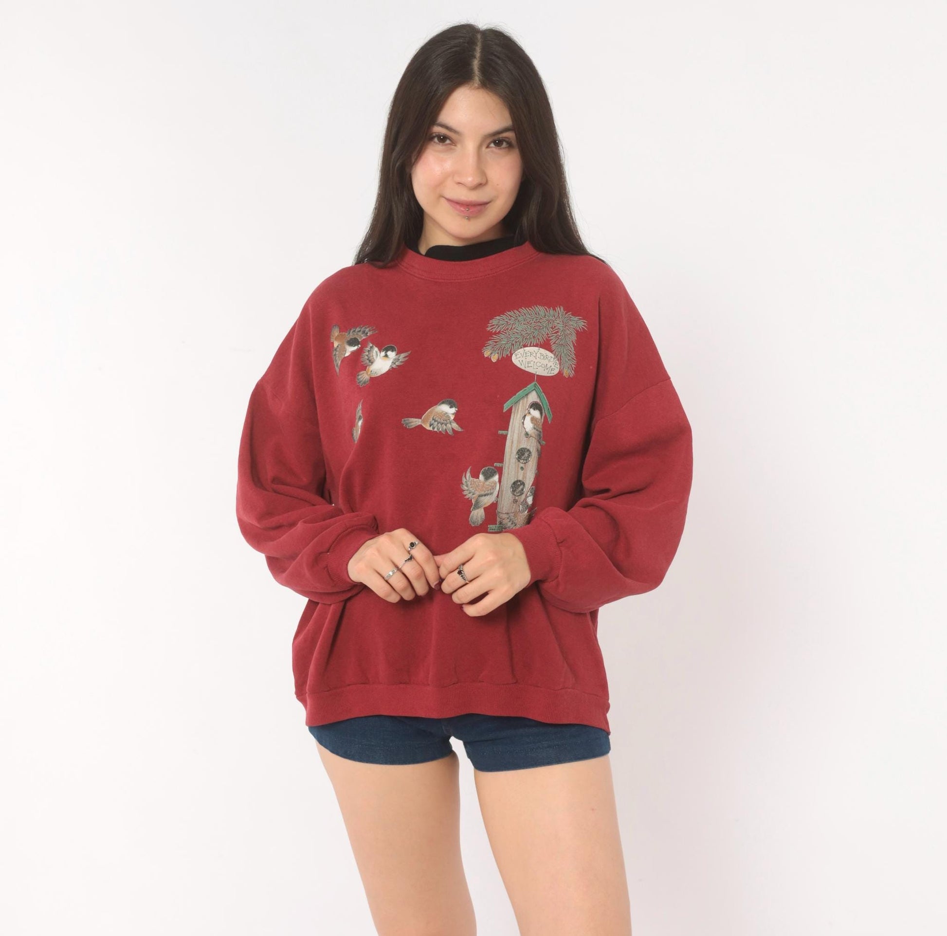 90s Morning Sun Burgundy Bird Birdhouse Crewneck Sweatshirt Cotton Large L