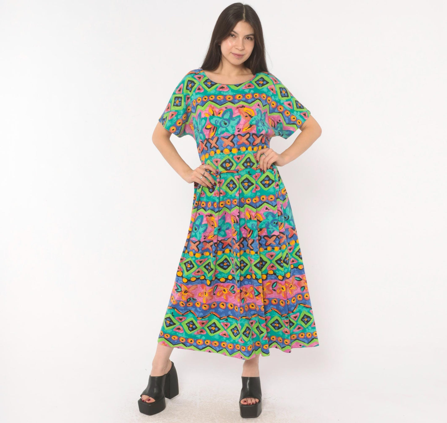 90s Sabino Geometric Tribal Print Maxi Dress Teal Pink Yellow Large L