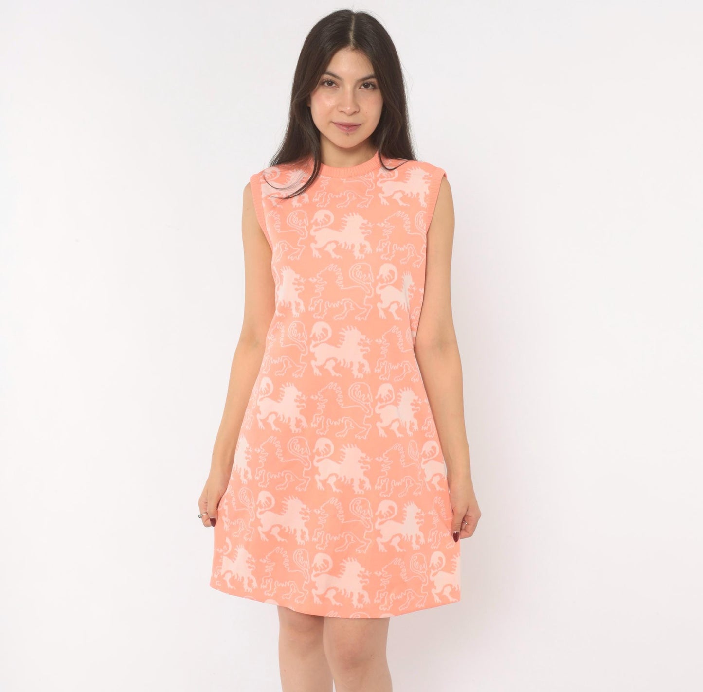 70s Lion Jacquard Knit Dress Peach Sleeveless A-Line Mini Medium