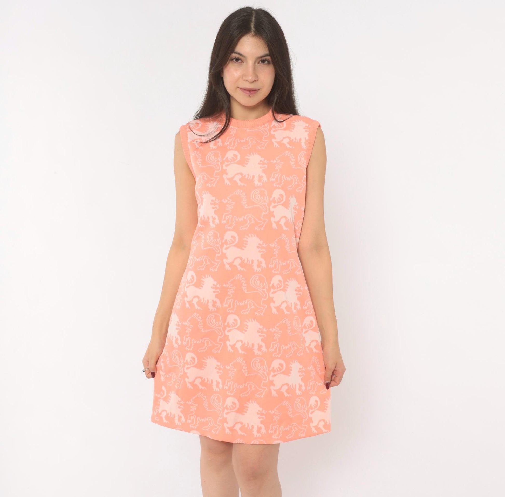 70s Lion Jacquard Knit Dress Peach Sleeveless A-Line Mini Medium