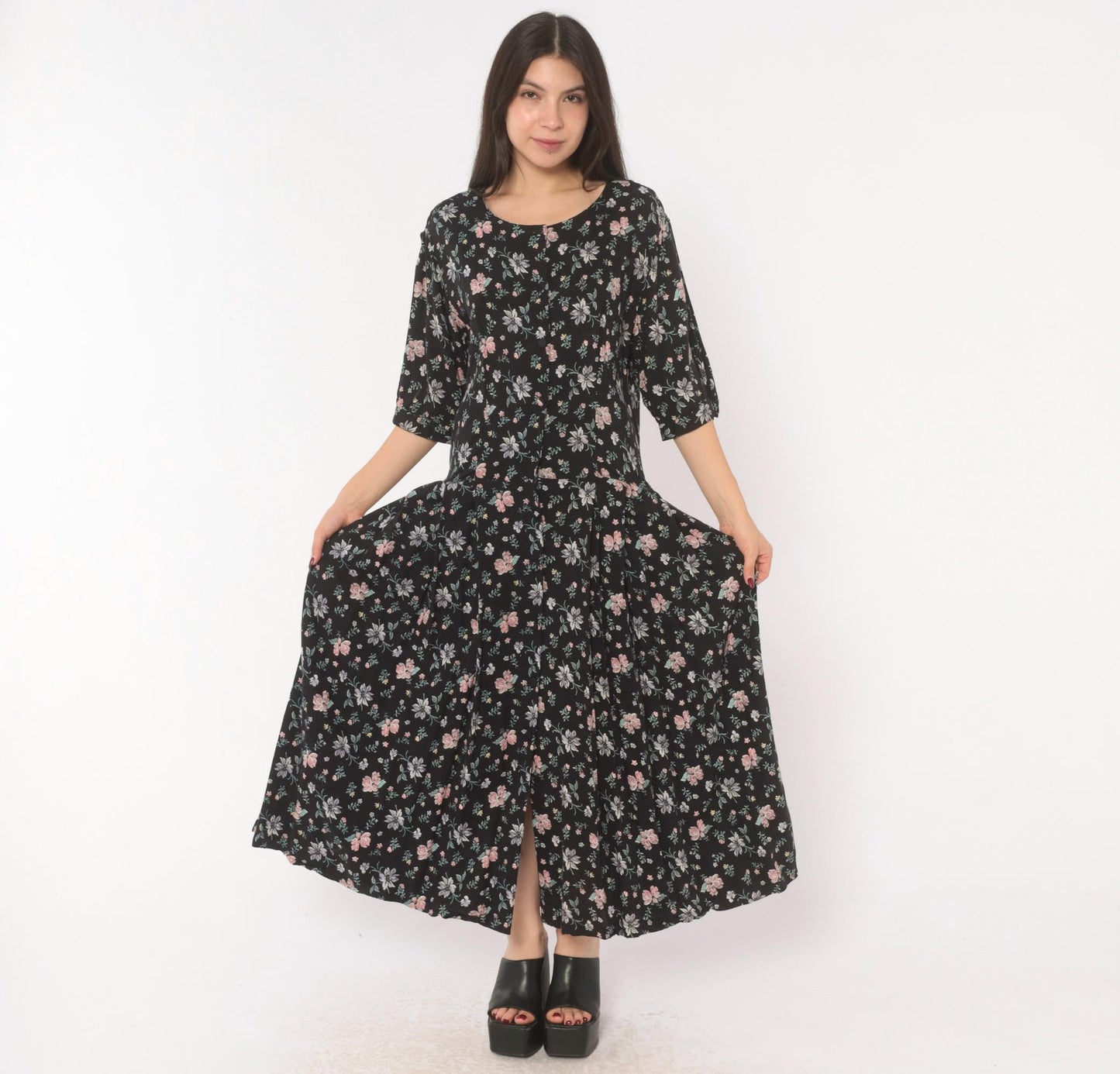 Y2K Putumayo Black Floral Maxi Dress Pink Lavender Button Front Large L