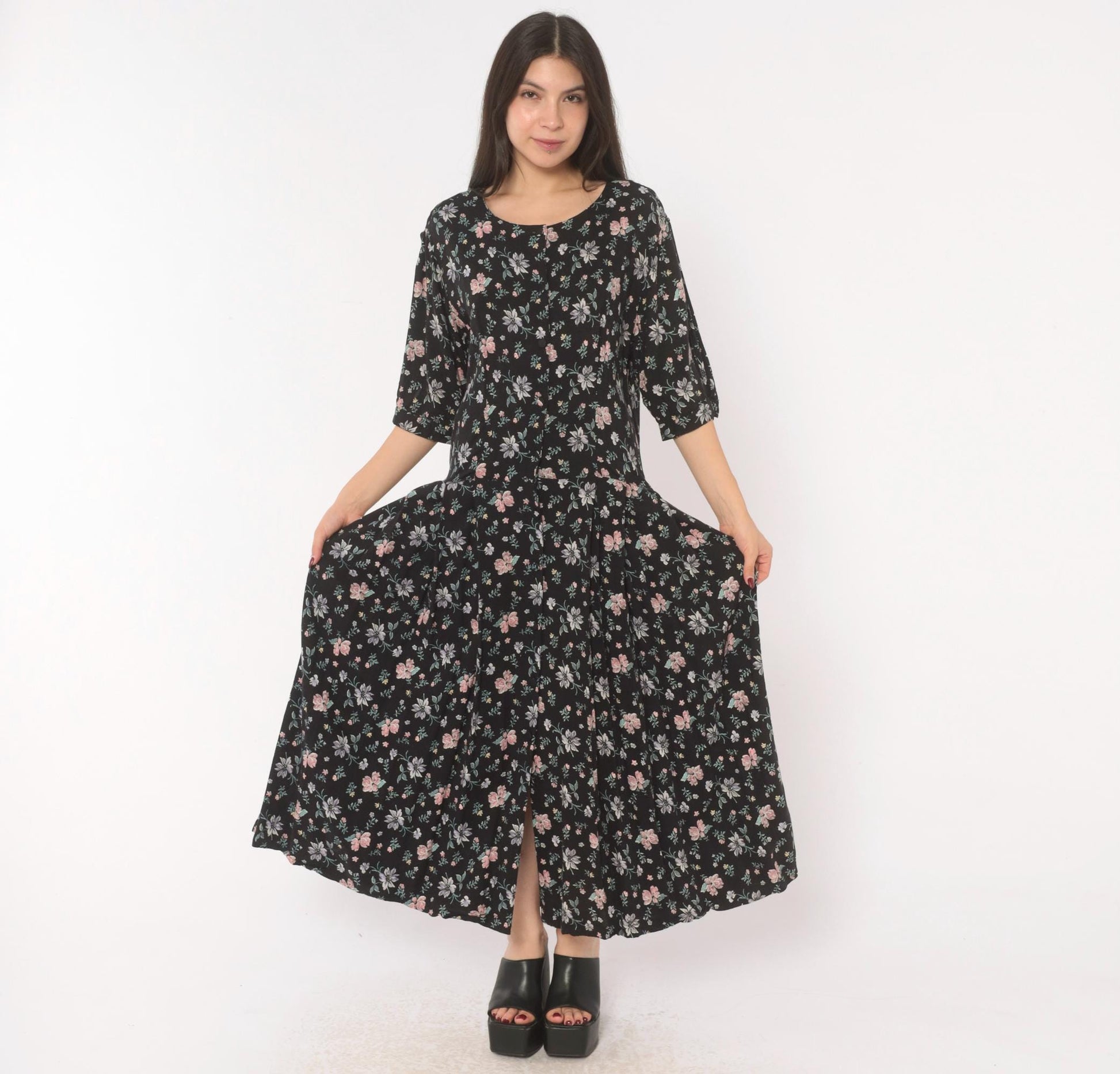 Y2K Putumayo Black Floral Maxi Dress Pink Lavender Button Front Large L