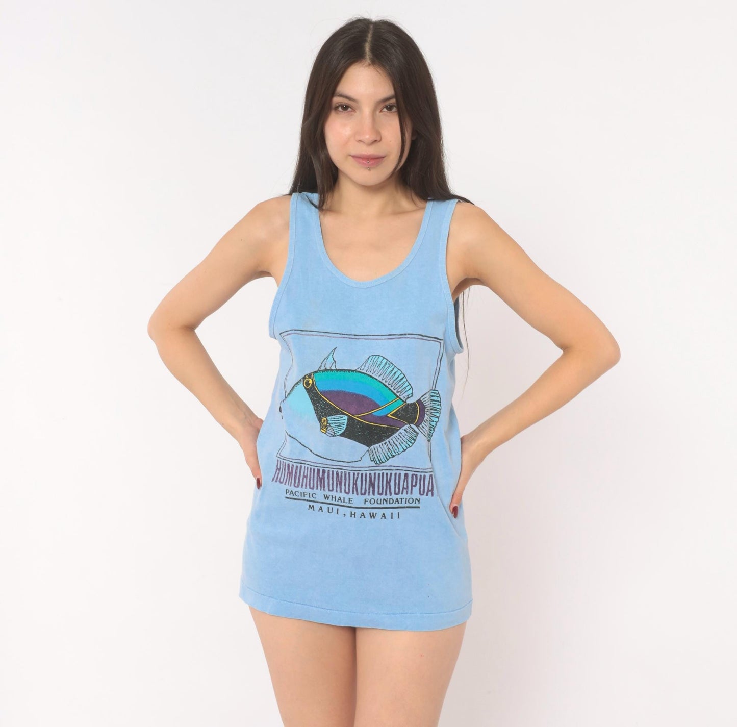 90s Fruit of the Loom Humuhumunukunukuapua'a Tank Top Light Blue Small
