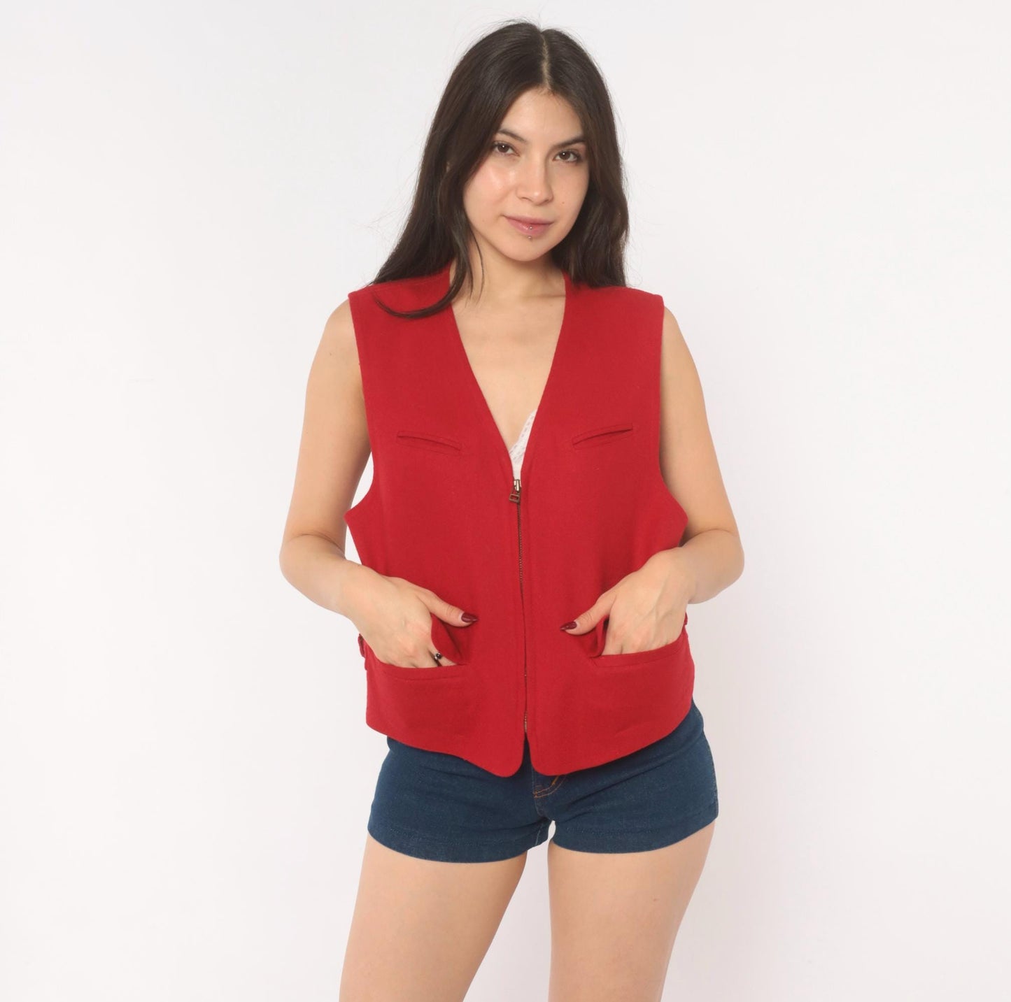 90s Wilderness Bound Liz Sport Red Wool Vest V Neck Zip Front Medium