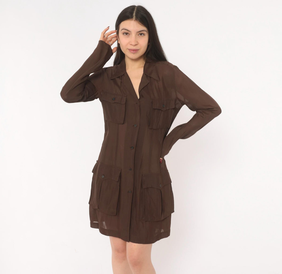 90s Dries Van Noten Silk Shirt Dress Brown Sheer Safari Utility Pocket Small