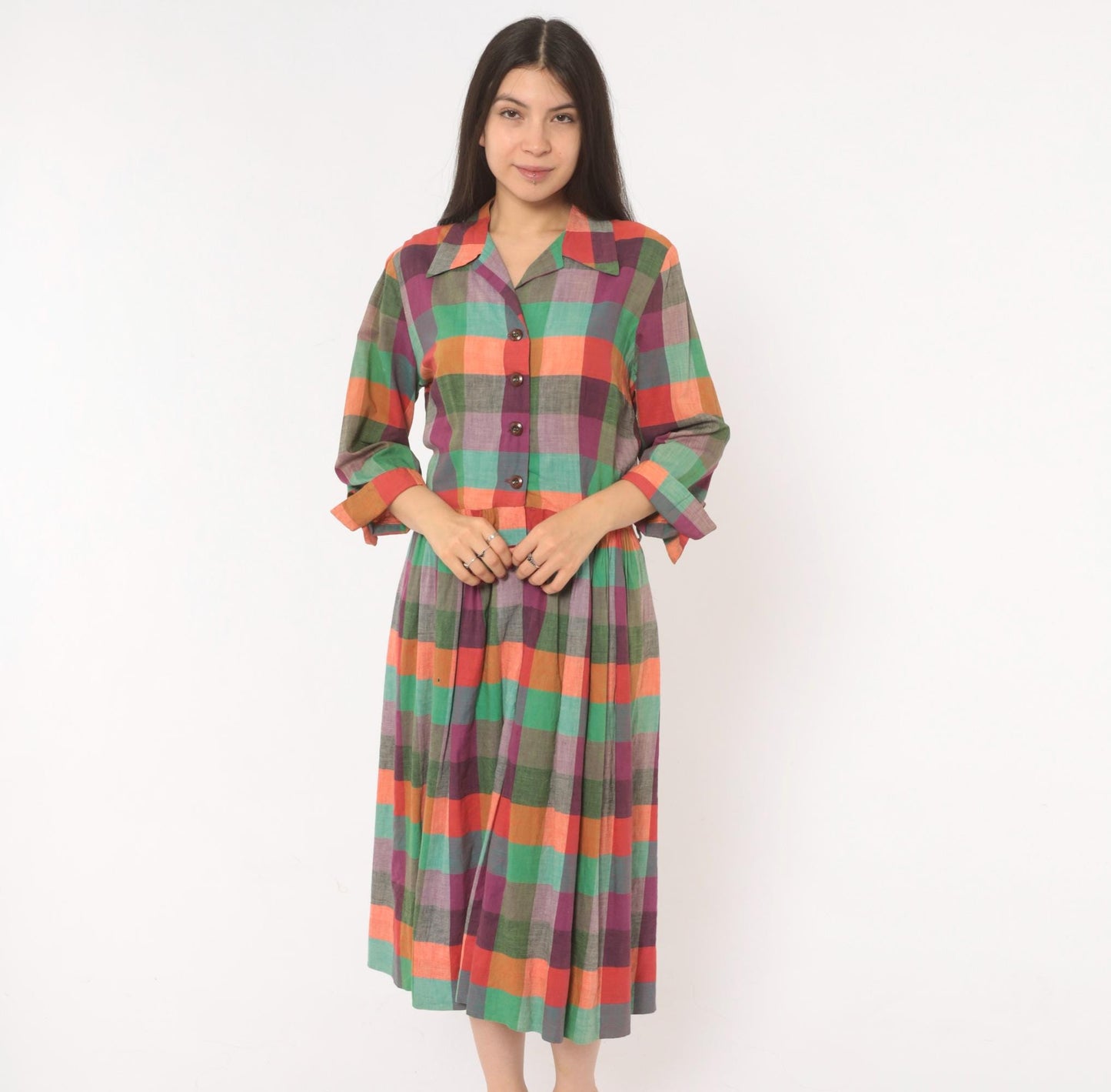 60s Multicolor Plaid Shirtdress Cotton Button Front Midi Purple Green Coral Large