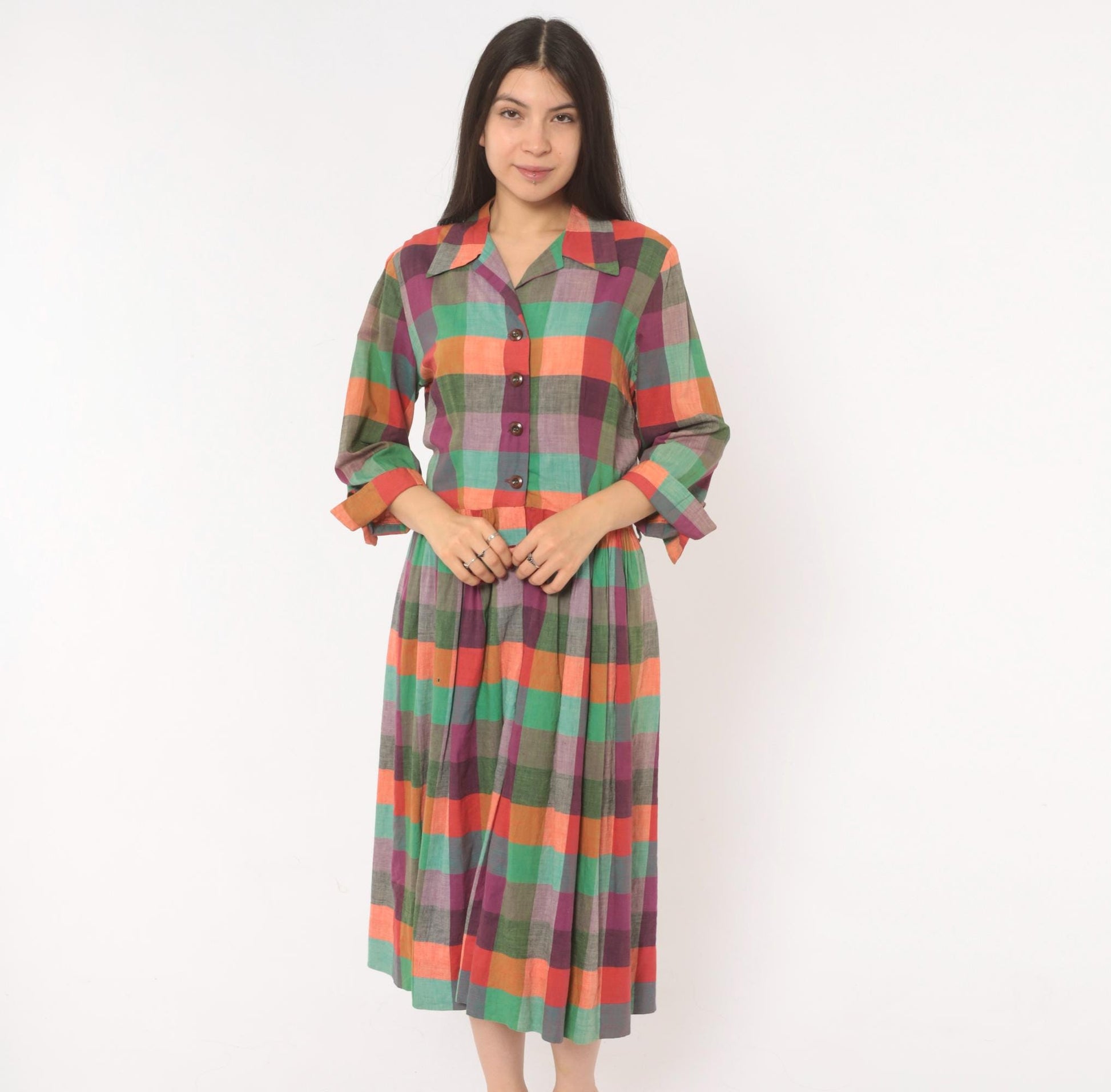 60s Multicolor Plaid Shirtdress Cotton Button Front Midi Purple Green Coral Large