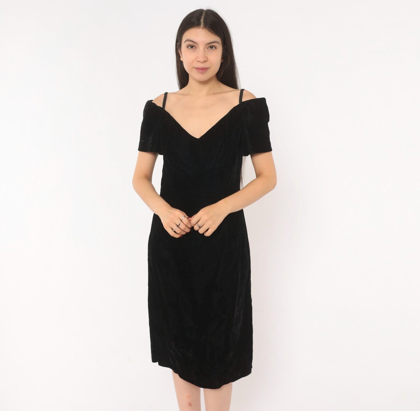 90s Black Velvet Off-Shoulder Dress V-Neck Spaghetti Strap Knee Length Medium M