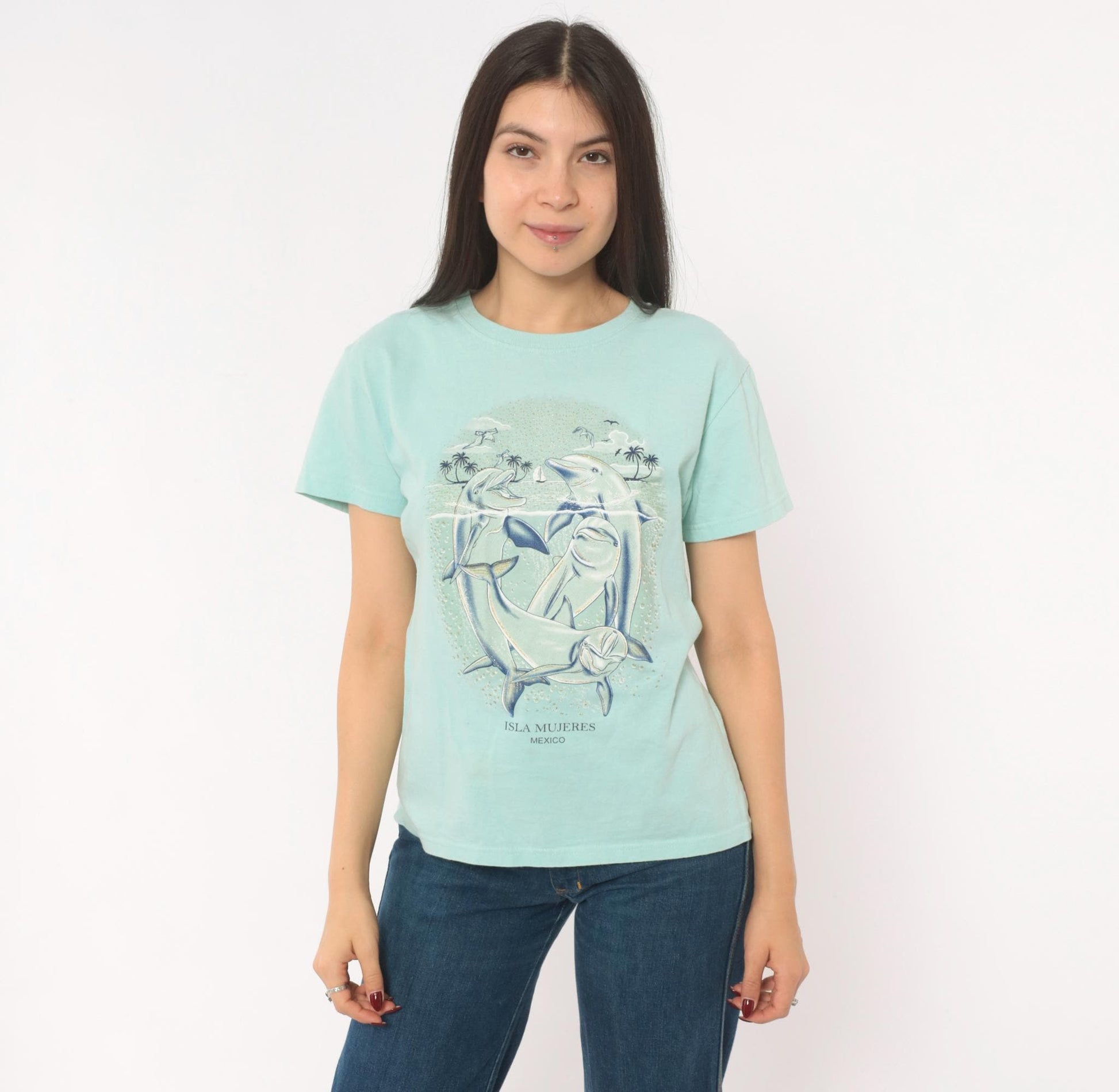 00s Yazbek Dolphin Isla Mujeres Mexico Graphic Tee Mint Green Large L