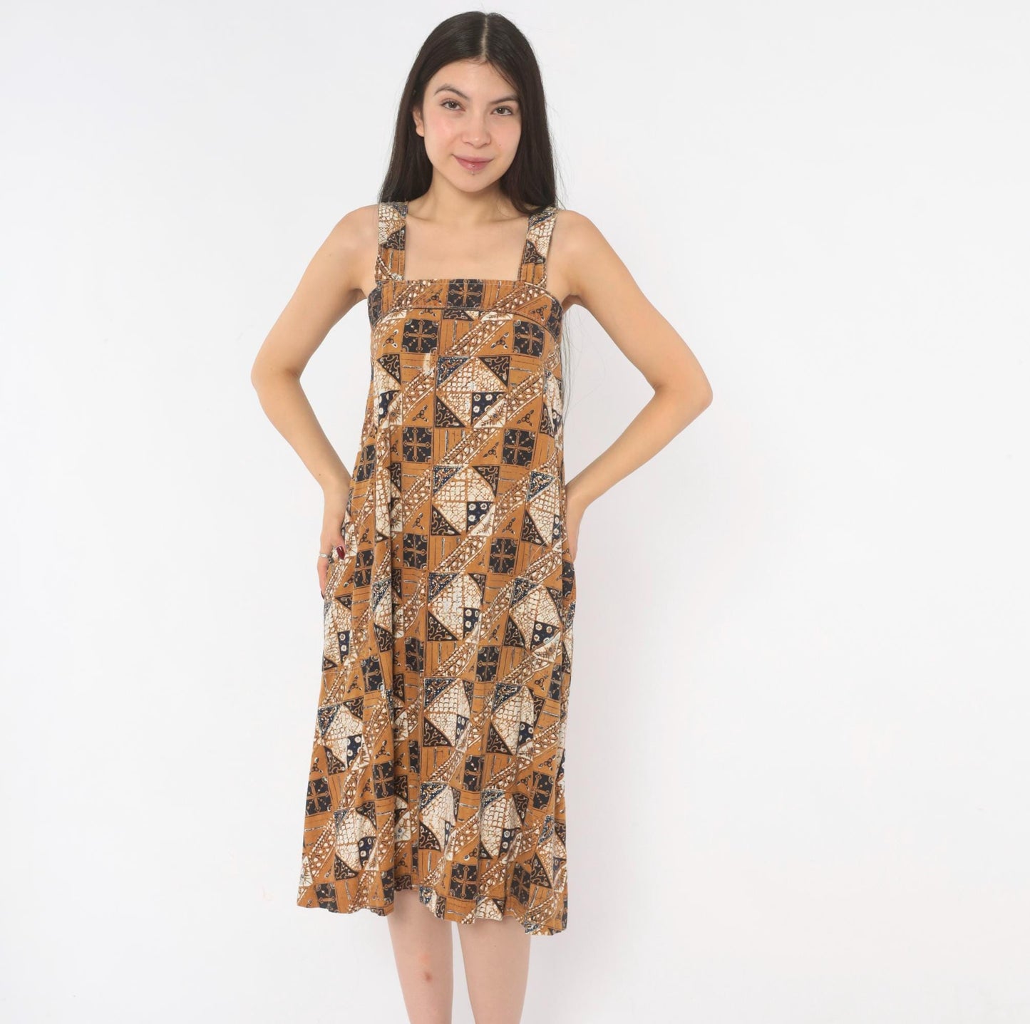 80s Batik Sundress Tan Navy Cotton Square Neck A-Line Knee Length Extra Small