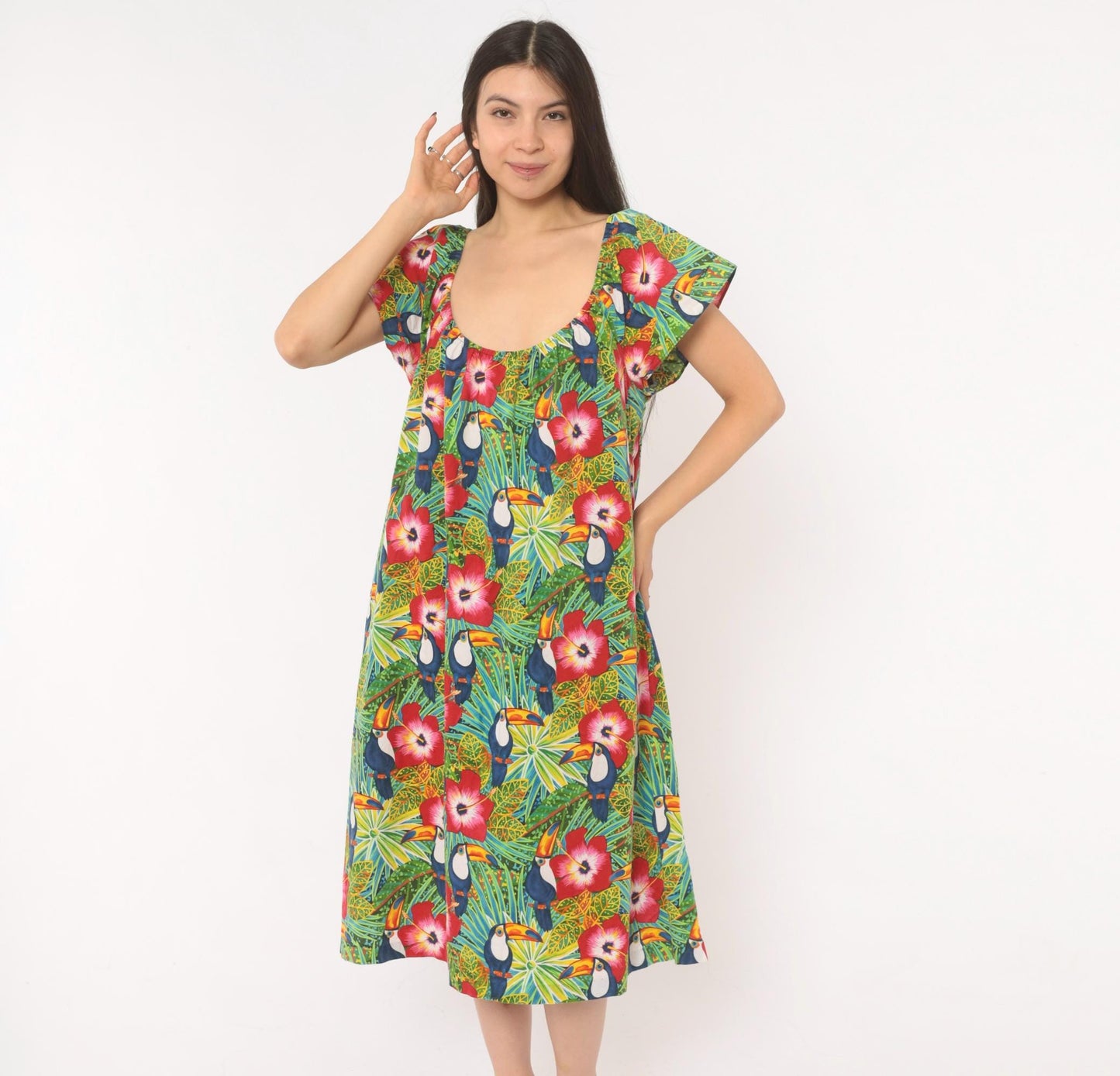 80s Seawind Toucan Hibiscus Midi Dress Flutter Sleeve Cotton Tropical Extra Large