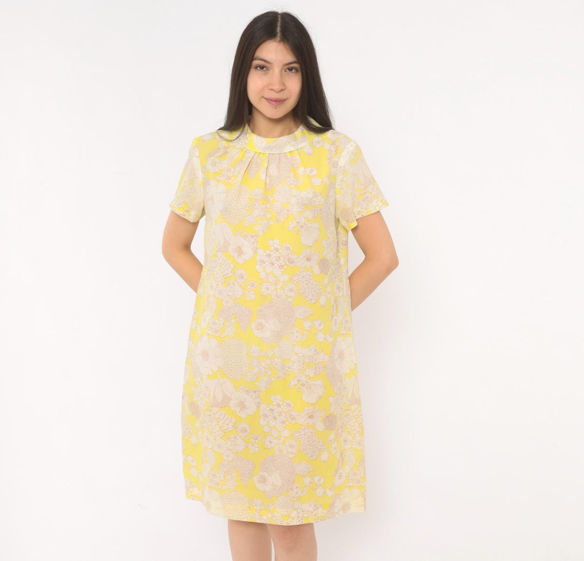 60s Yellow Floral Shift Dress Peter Pan Collar A-Line Knee Length Large L