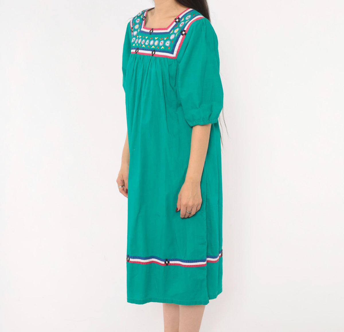 80s Naqui Teal Cotton Dress Embroidered Floral Yoke Puff Sleeve Small S